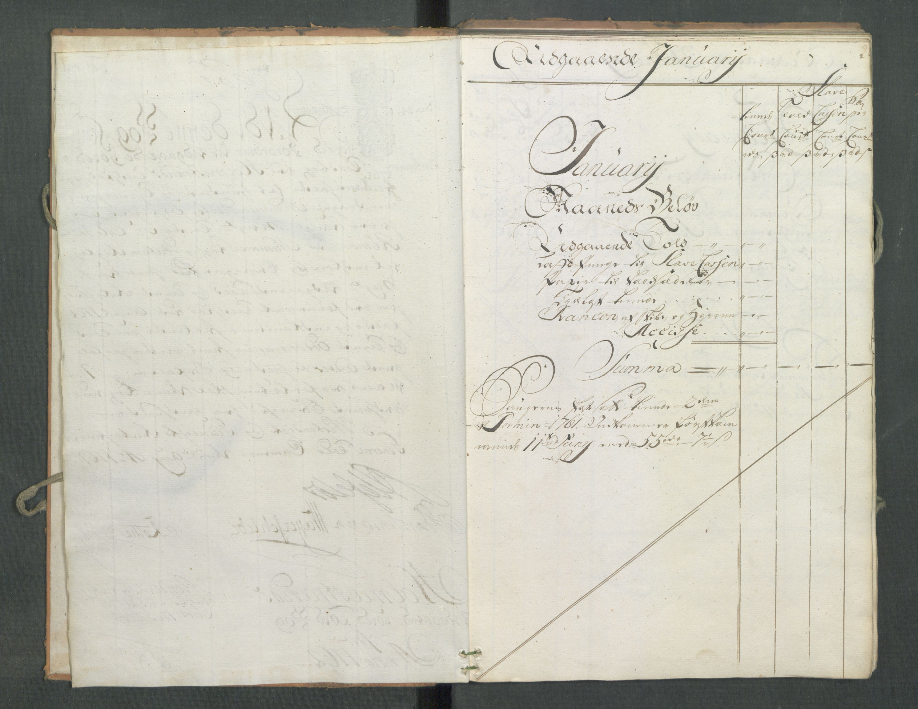 Generaltollkammeret, tollregnskaper, AV/RA-EA-5490/R09/L0034/0001: Tollregnskaper Holmestrand / Utgående hovedtollbok, 1762, p. 1b-2a