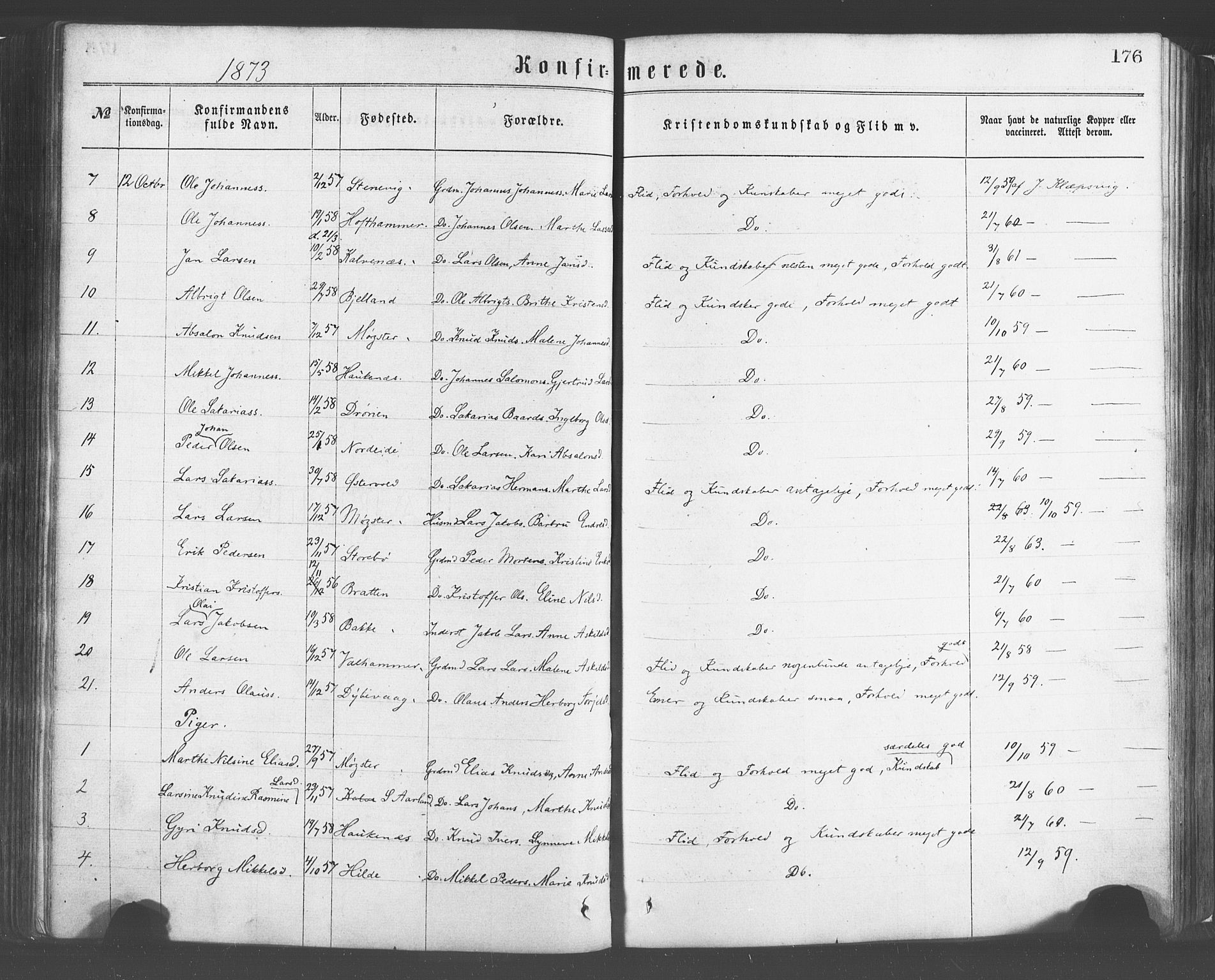 Sund sokneprestembete, AV/SAB-A-99930: Parish register (official) no. A 15, 1867-1881, p. 176