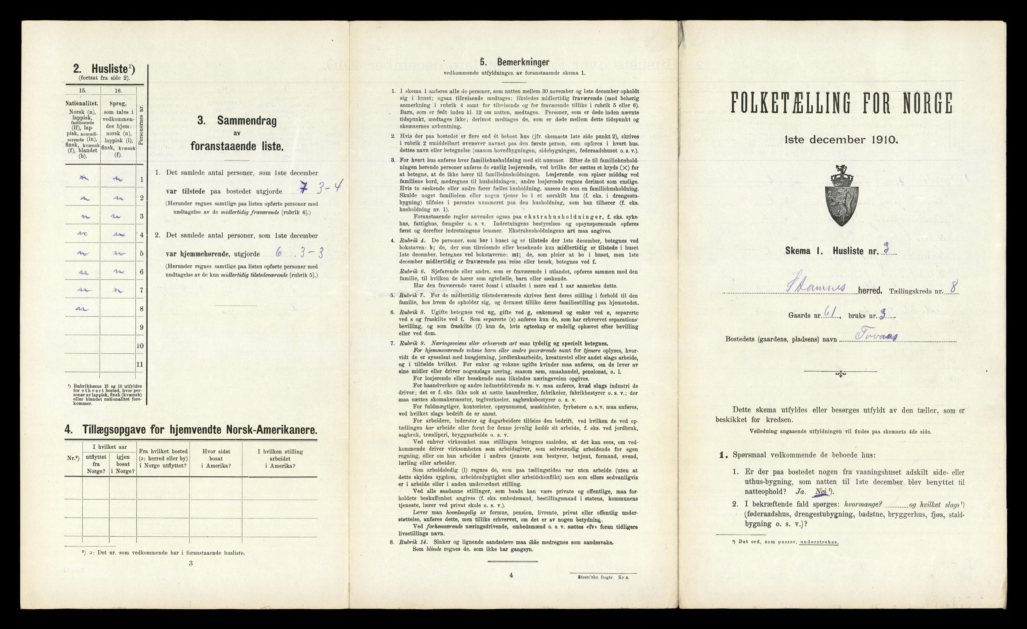 RA, 1910 census for Stamnes, 1910, p. 790