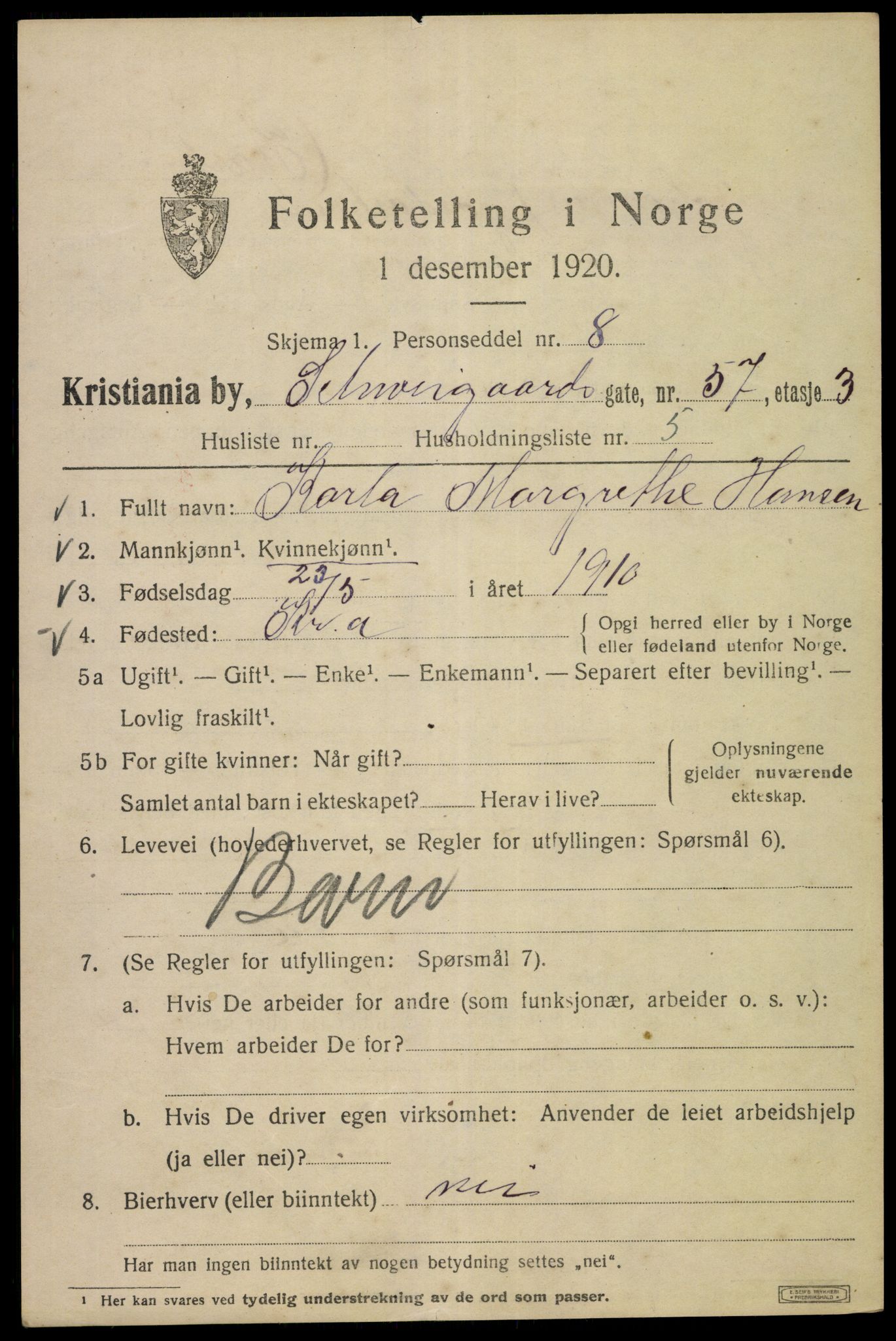 SAO, 1920 census for Kristiania, 1920, p. 494183