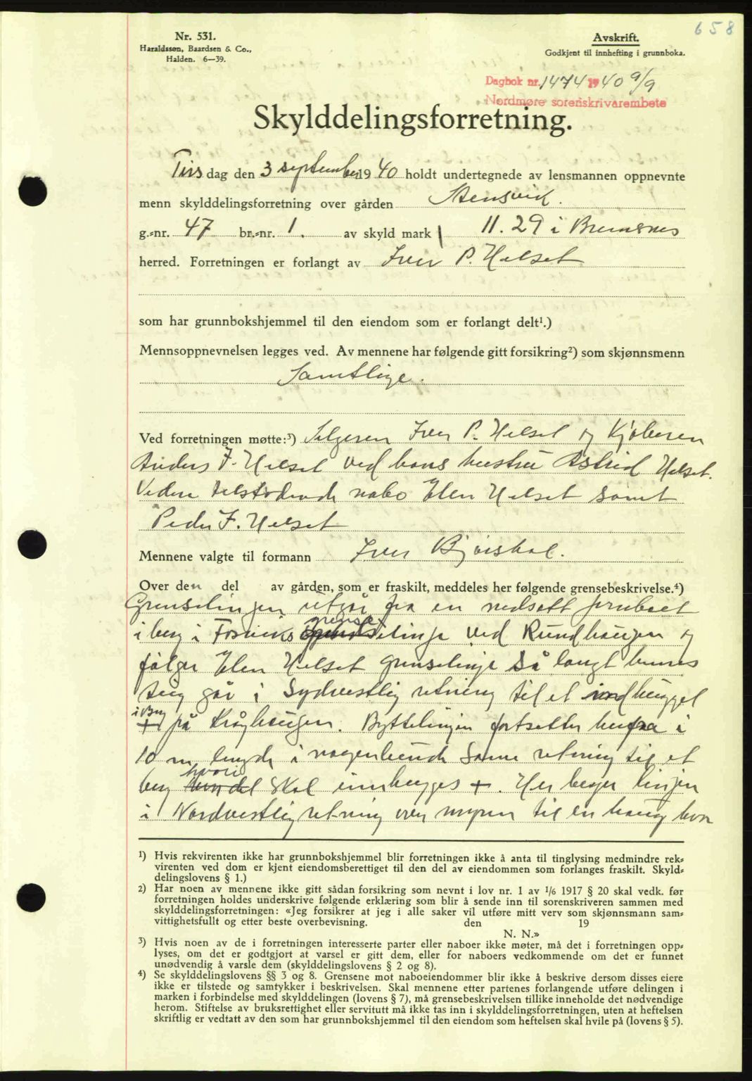 Nordmøre sorenskriveri, AV/SAT-A-4132/1/2/2Ca: Mortgage book no. A88, 1940-1940, Diary no: : 1474/1940