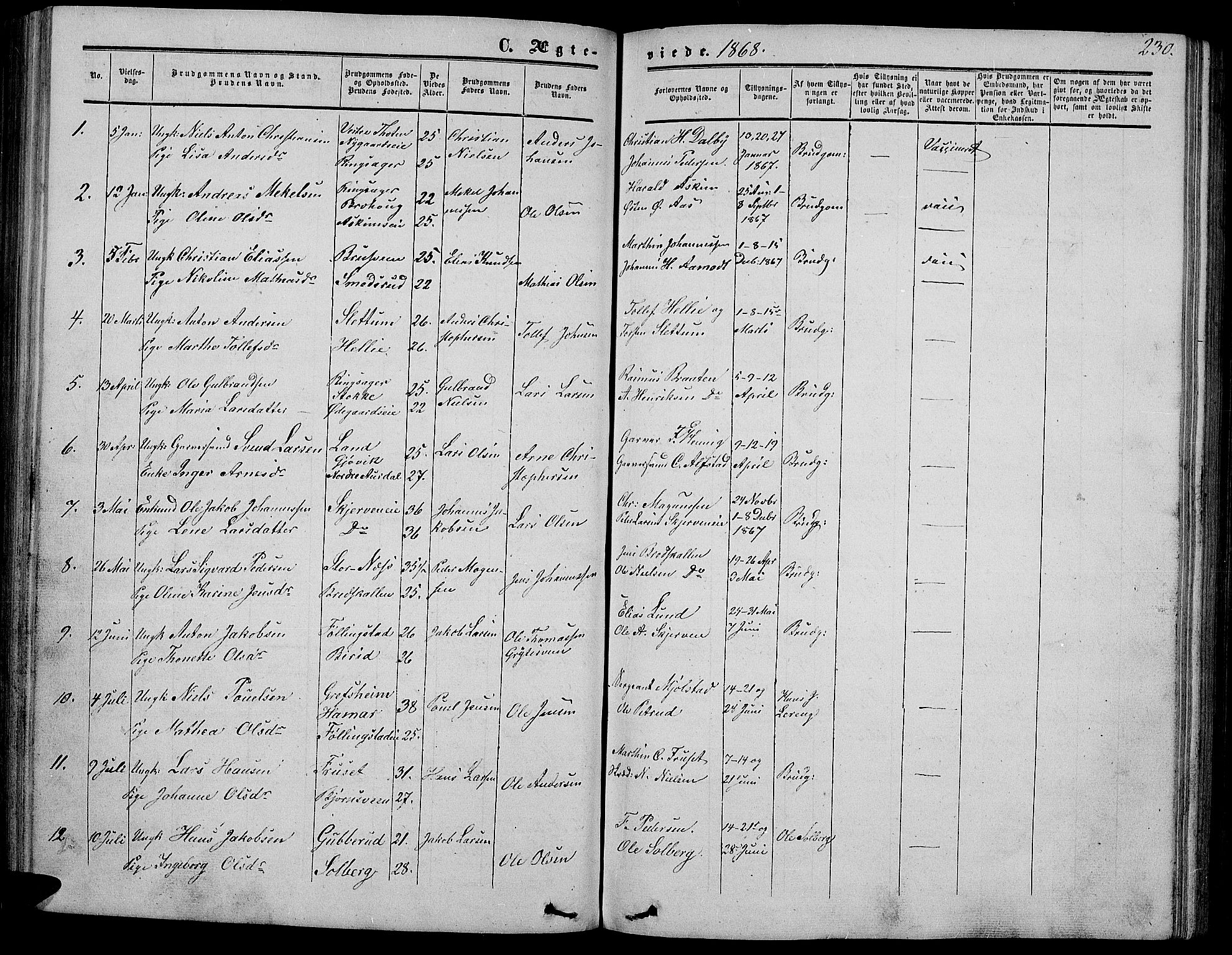 Vardal prestekontor, SAH/PREST-100/H/Ha/Hab/L0005: Parish register (copy) no. 5, 1854-1868, p. 230