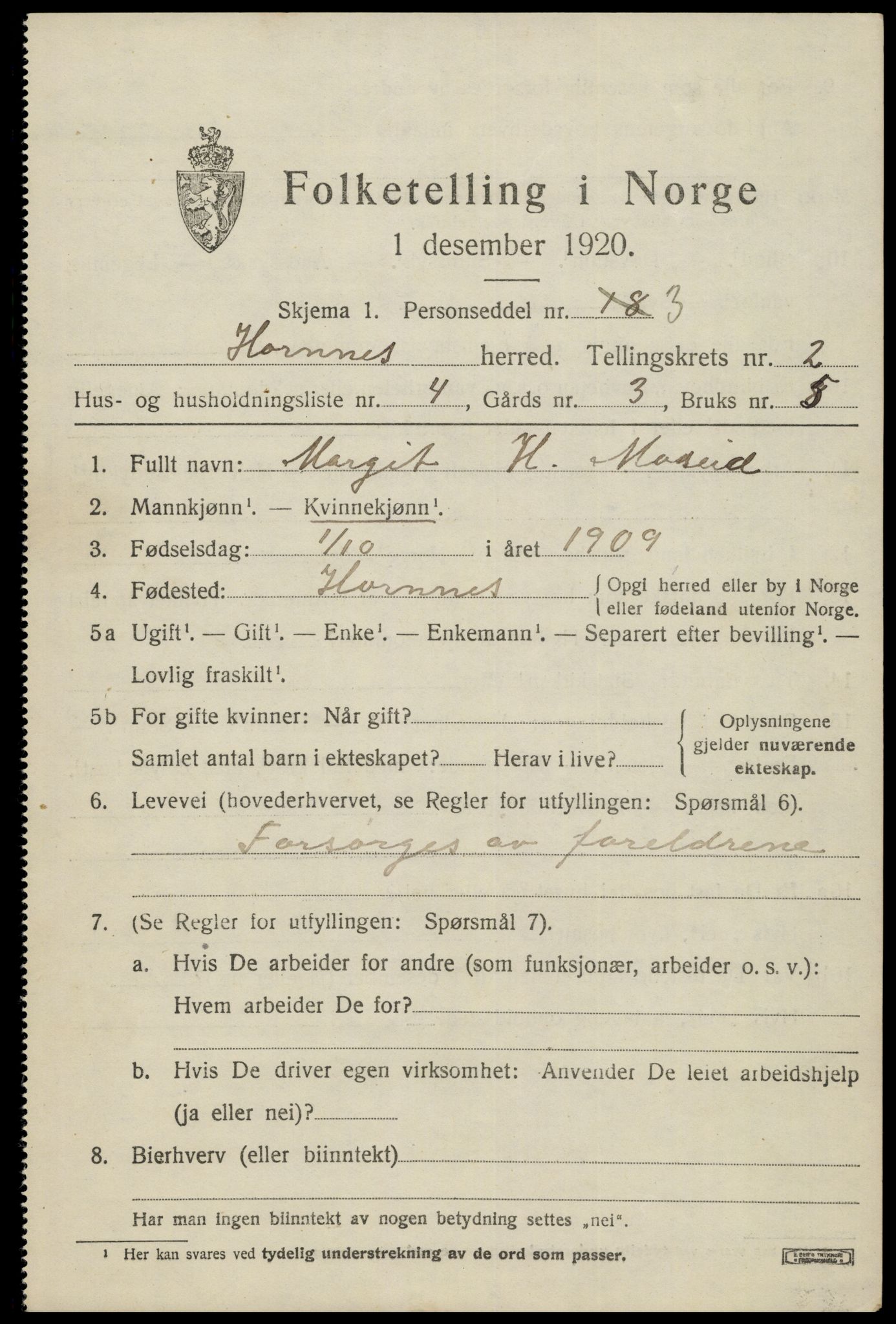 SAK, 1920 census for Hornnes, 1920, p. 733