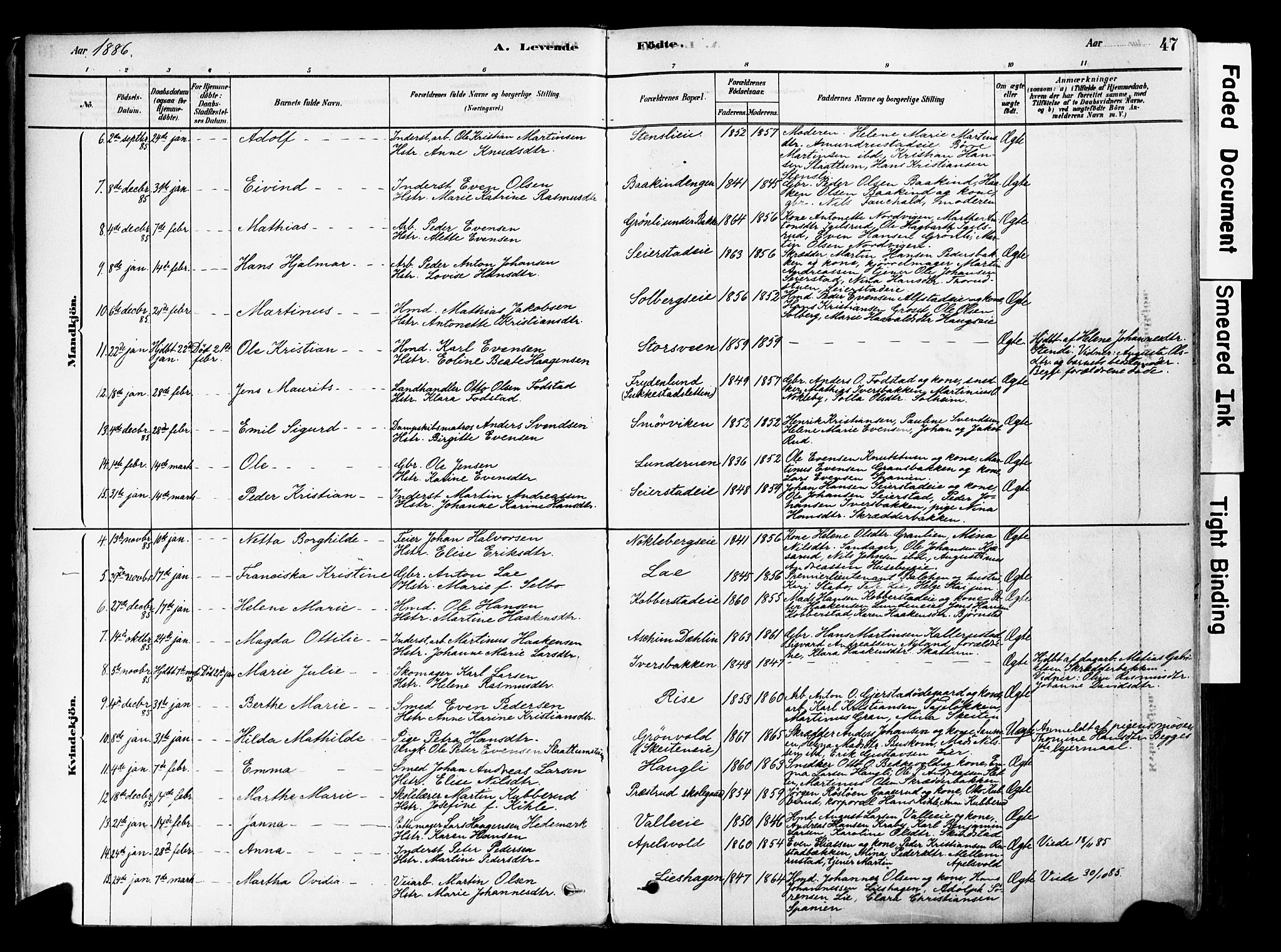 Østre Toten prestekontor, AV/SAH-PREST-104/H/Ha/Haa/L0006: Parish register (official) no. 6 /1, 1878-1896, p. 47