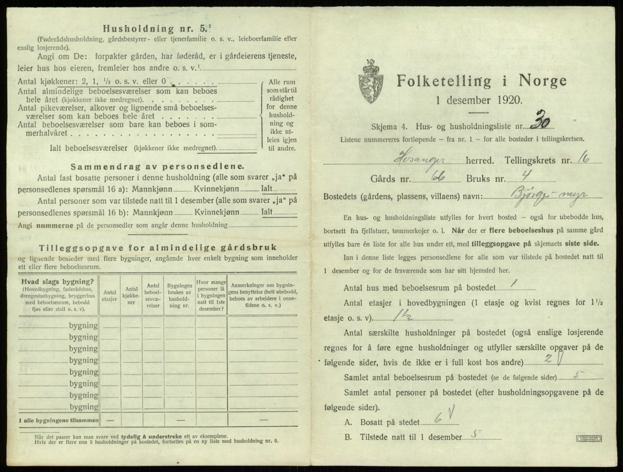 SAB, 1920 census for Hosanger, 1920, p. 882