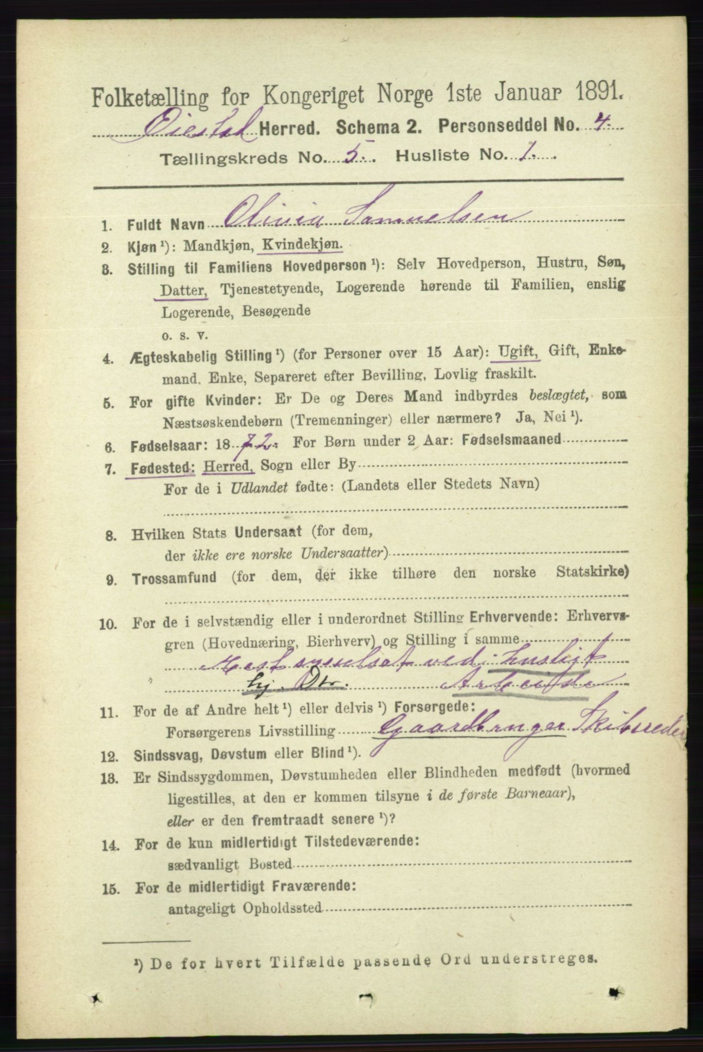 RA, 1891 census for 0920 Øyestad, 1891, p. 1813