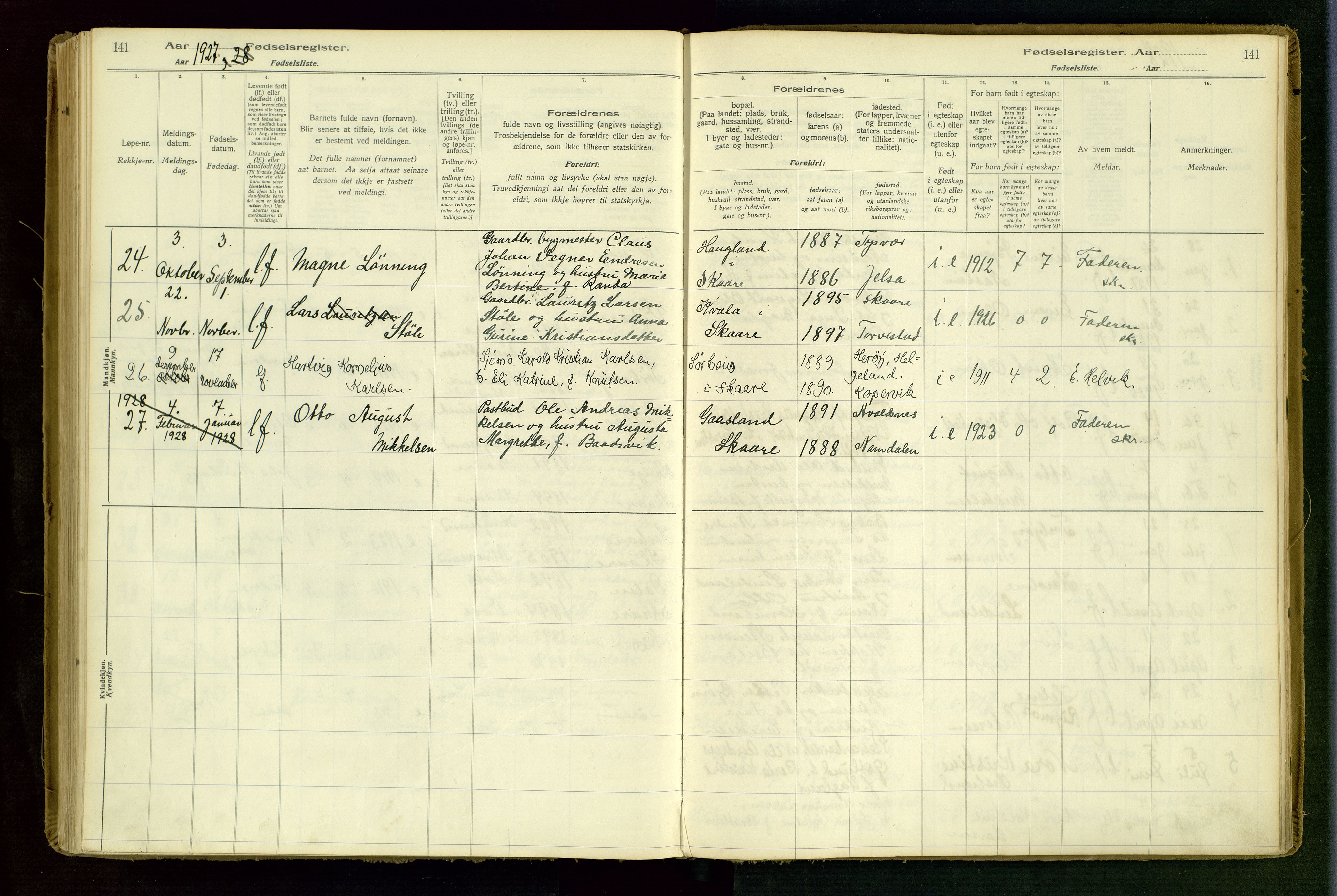 Haugesund sokneprestkontor, AV/SAST-A -101863/I/Id/L0001: Birth register no. 1, 1916-1935, p. 141