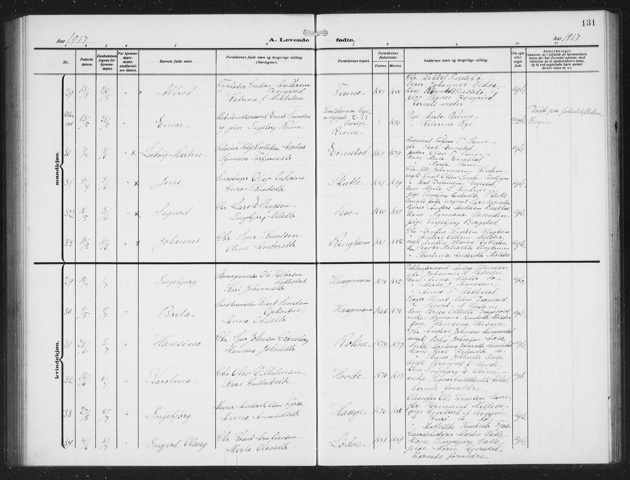 Voss sokneprestembete, AV/SAB-A-79001/H/Hab: Parish register (copy) no. C 3, 1909-1920, p. 131