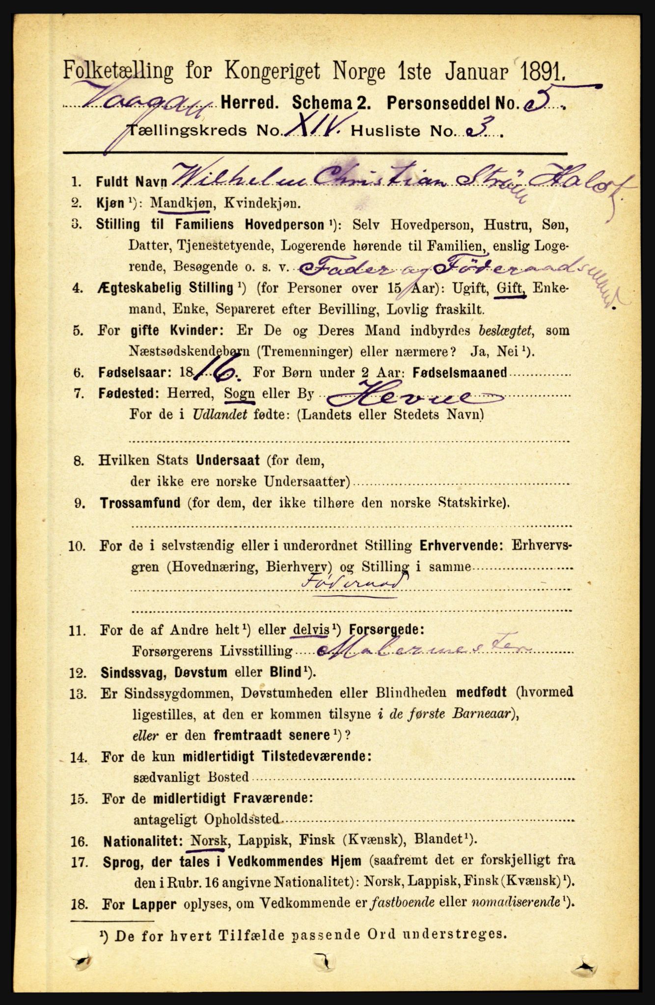 RA, 1891 census for 1865 Vågan, 1891, p. 3671