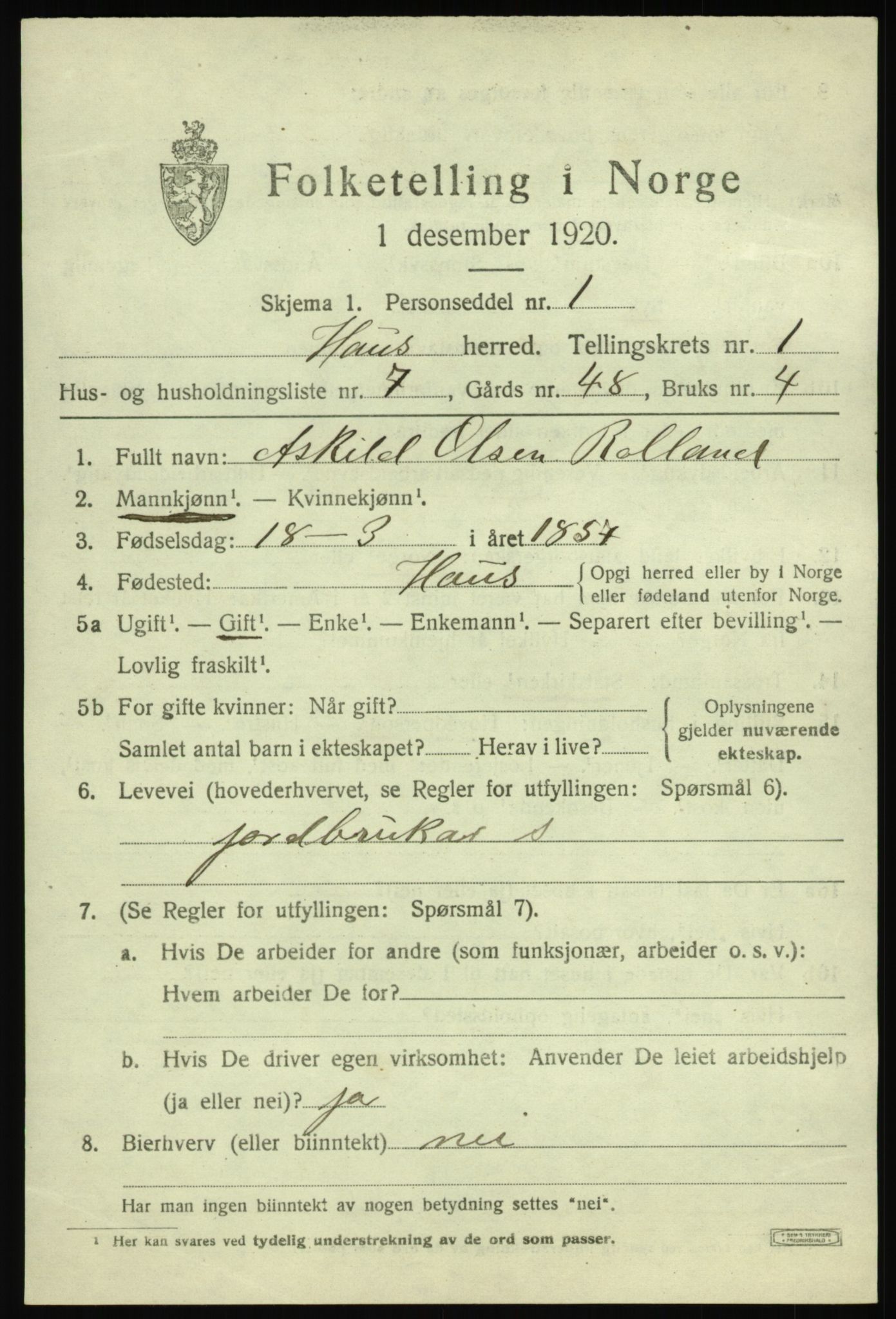 SAB, 1920 census for Haus, 1920, p. 1779