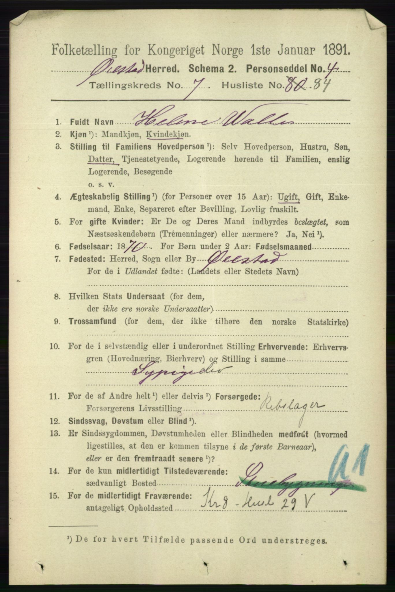 RA, 1891 census for 0920 Øyestad, 1891, p. 3127