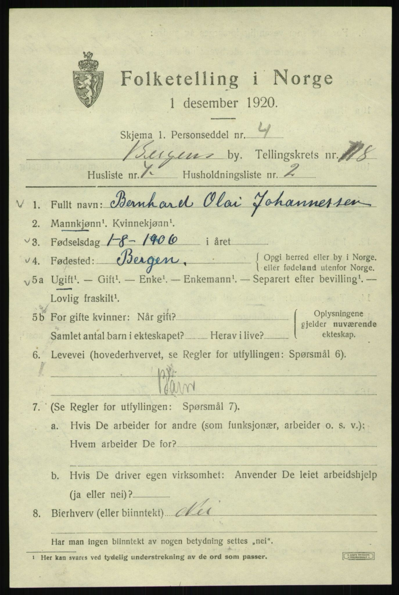 SAB, 1920 census for Bergen, 1920, p. 199053