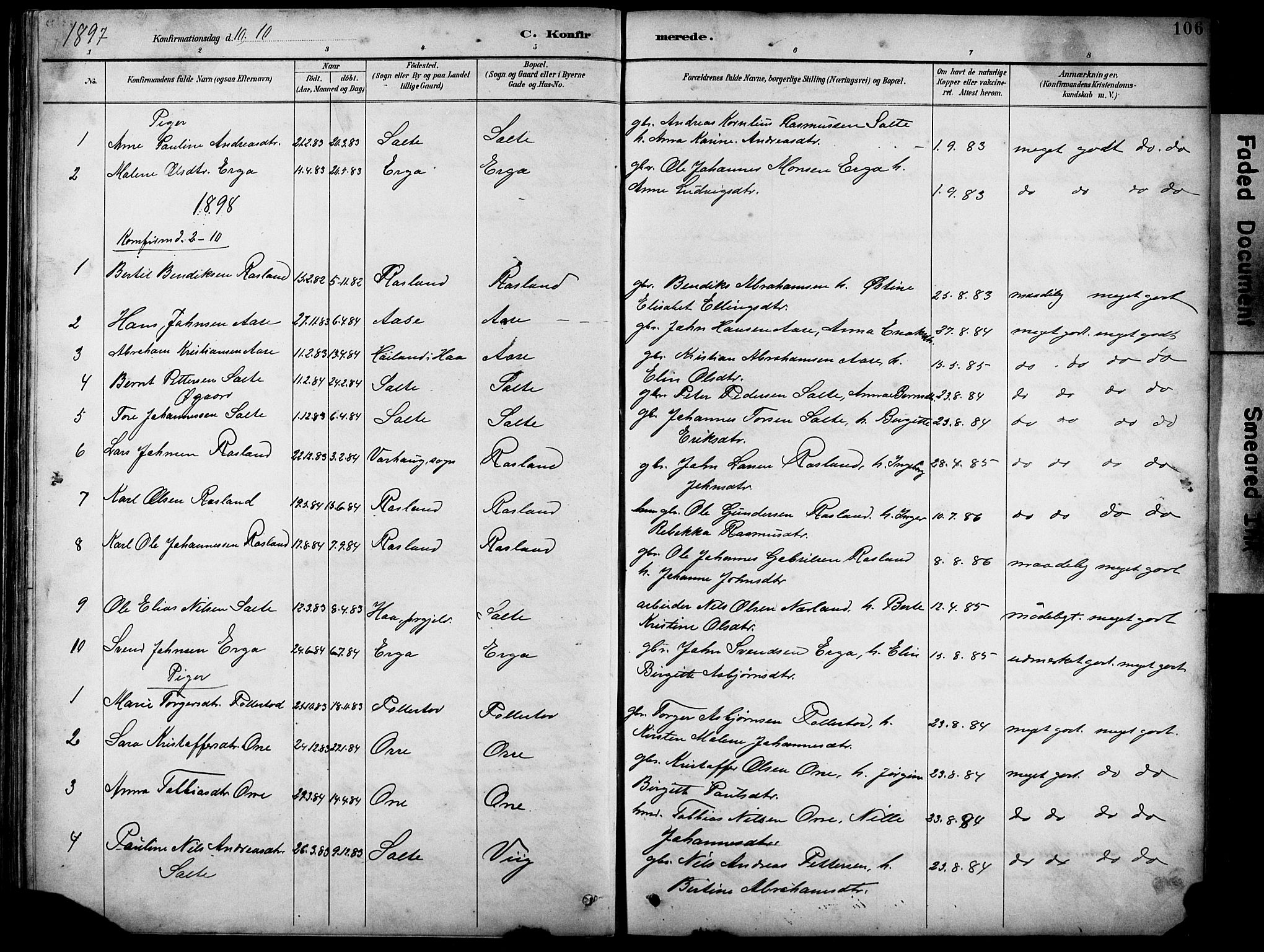 Klepp sokneprestkontor, SAST/A-101803/001/3/30BB/L0005: Parish register (copy) no. B 5, 1889-1918, p. 106