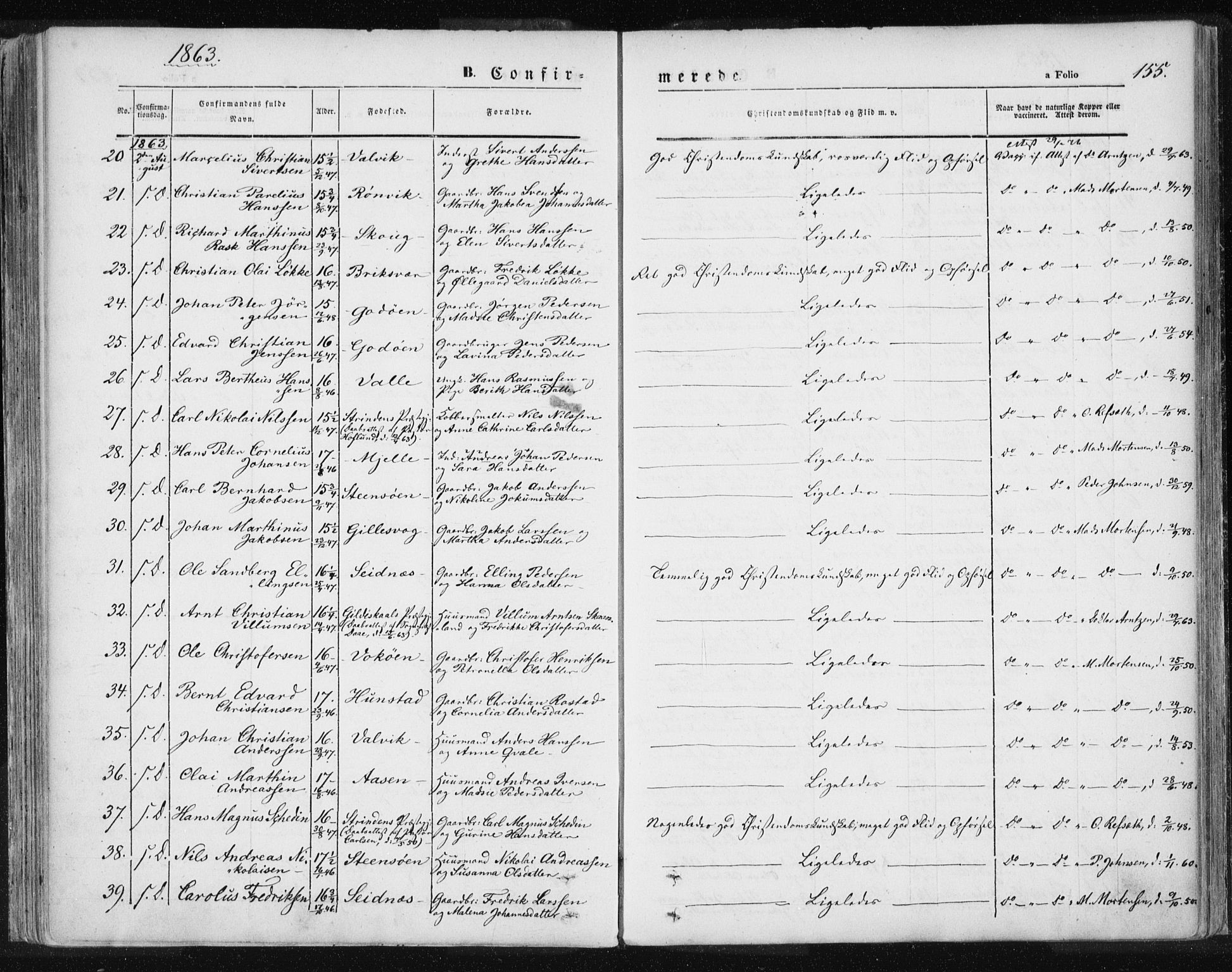 Ministerialprotokoller, klokkerbøker og fødselsregistre - Nordland, SAT/A-1459/801/L0007: Parish register (official) no. 801A07, 1845-1863, p. 155