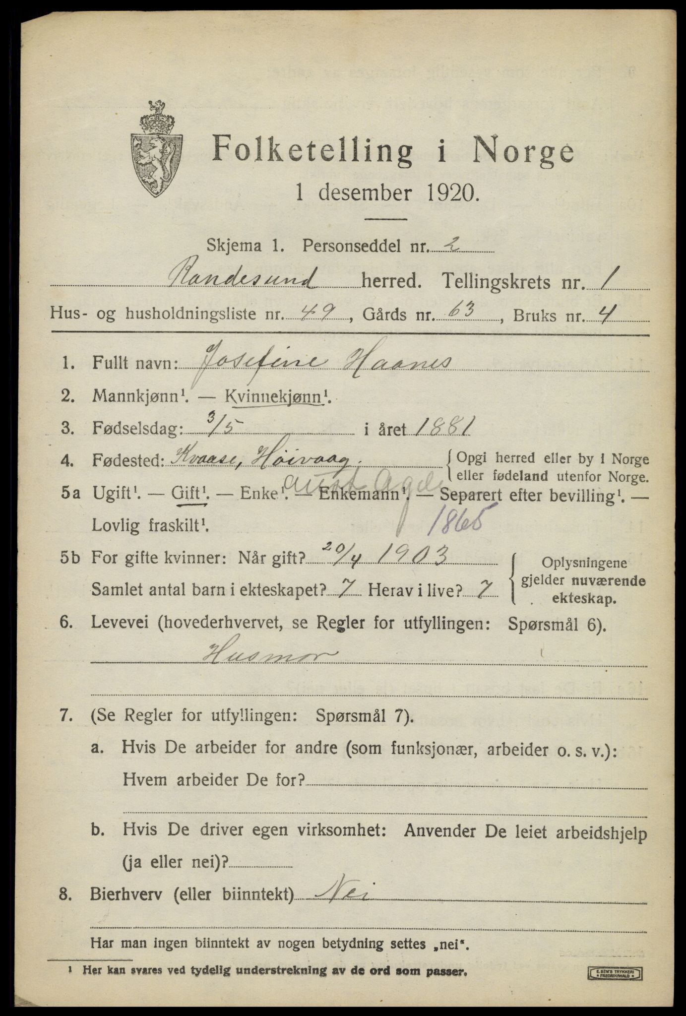 SAK, 1920 census for Randesund, 1920, p. 1062