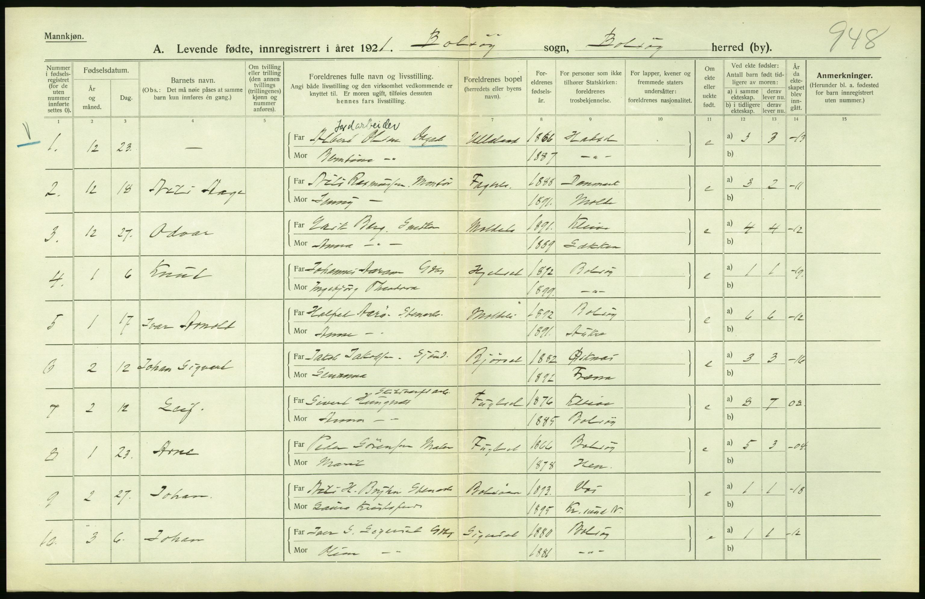 Statistisk sentralbyrå, Sosiodemografiske emner, Befolkning, AV/RA-S-2228/D/Df/Dfc/Dfca/L0040: Møre fylke: Levendefødte menn og kvinner. Bygder., 1921, p. 378