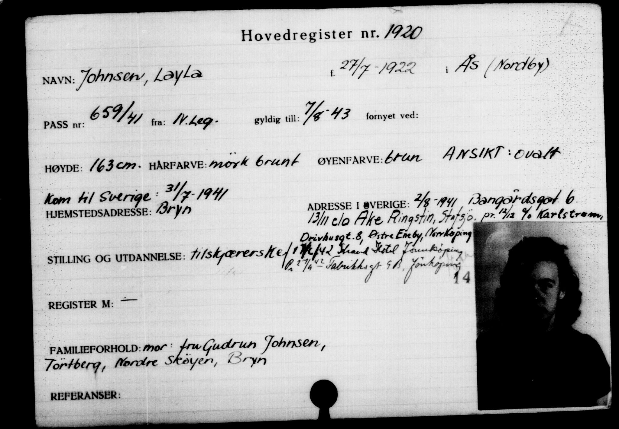 Utenriksstasjonene, Legasjonen i Stockholm, Flyktningkontoret, AV/RA-S-6753/V/Va/L0002: Kjesäterkartoteket, flyktninger med registreringsnr. 1001-2000, 1940-1945, p. 1311