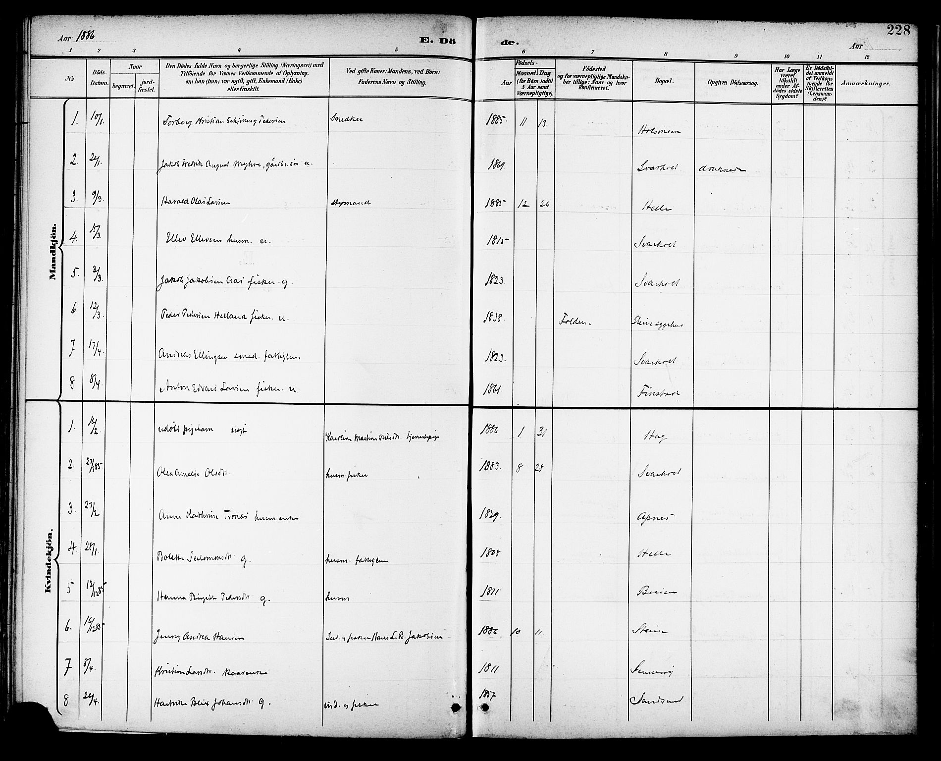 Ministerialprotokoller, klokkerbøker og fødselsregistre - Nordland, AV/SAT-A-1459/882/L1179: Parish register (official) no. 882A01, 1886-1898, p. 228