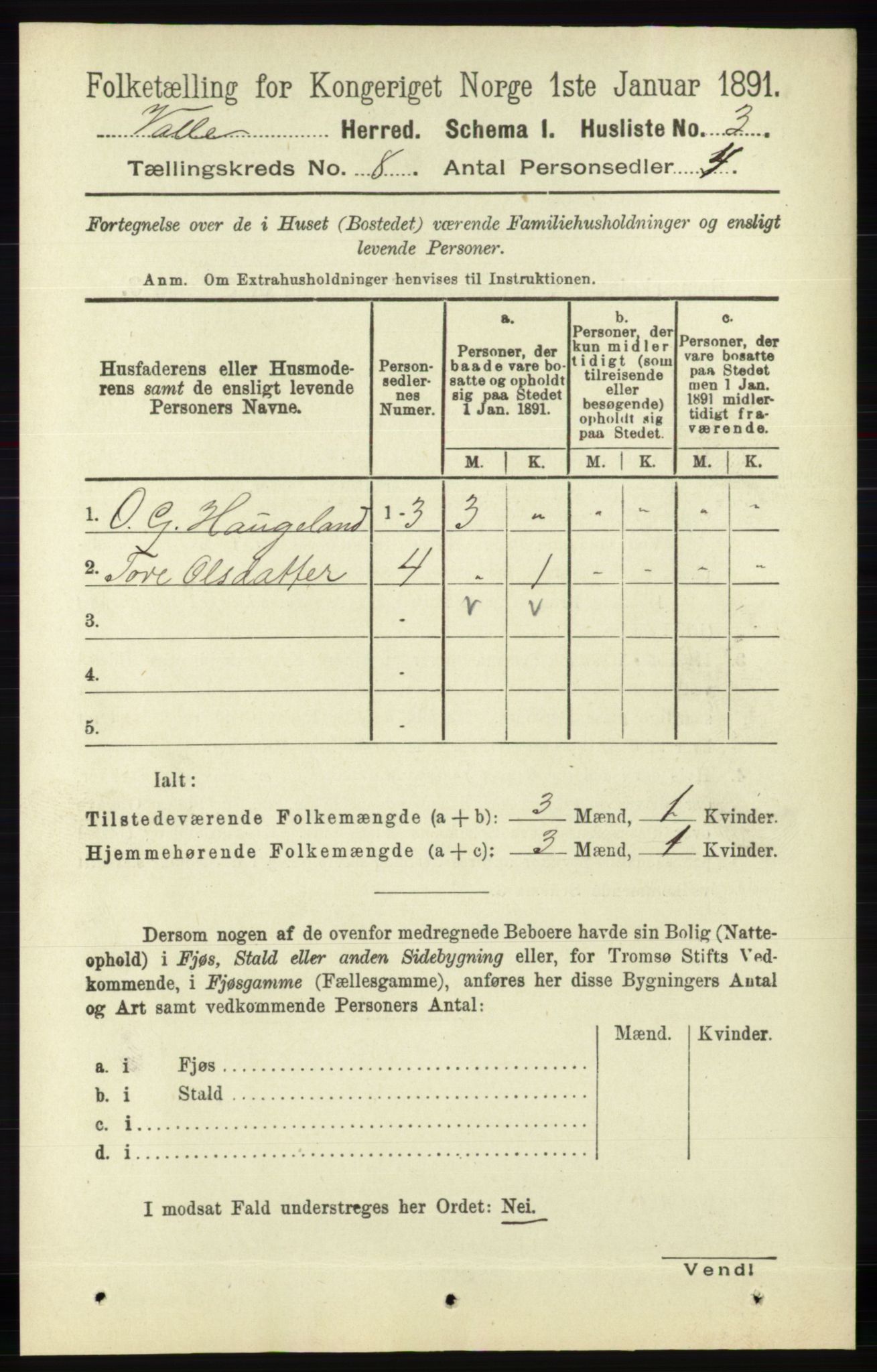 RA, 1891 census for 0940 Valle, 1891, p. 2214