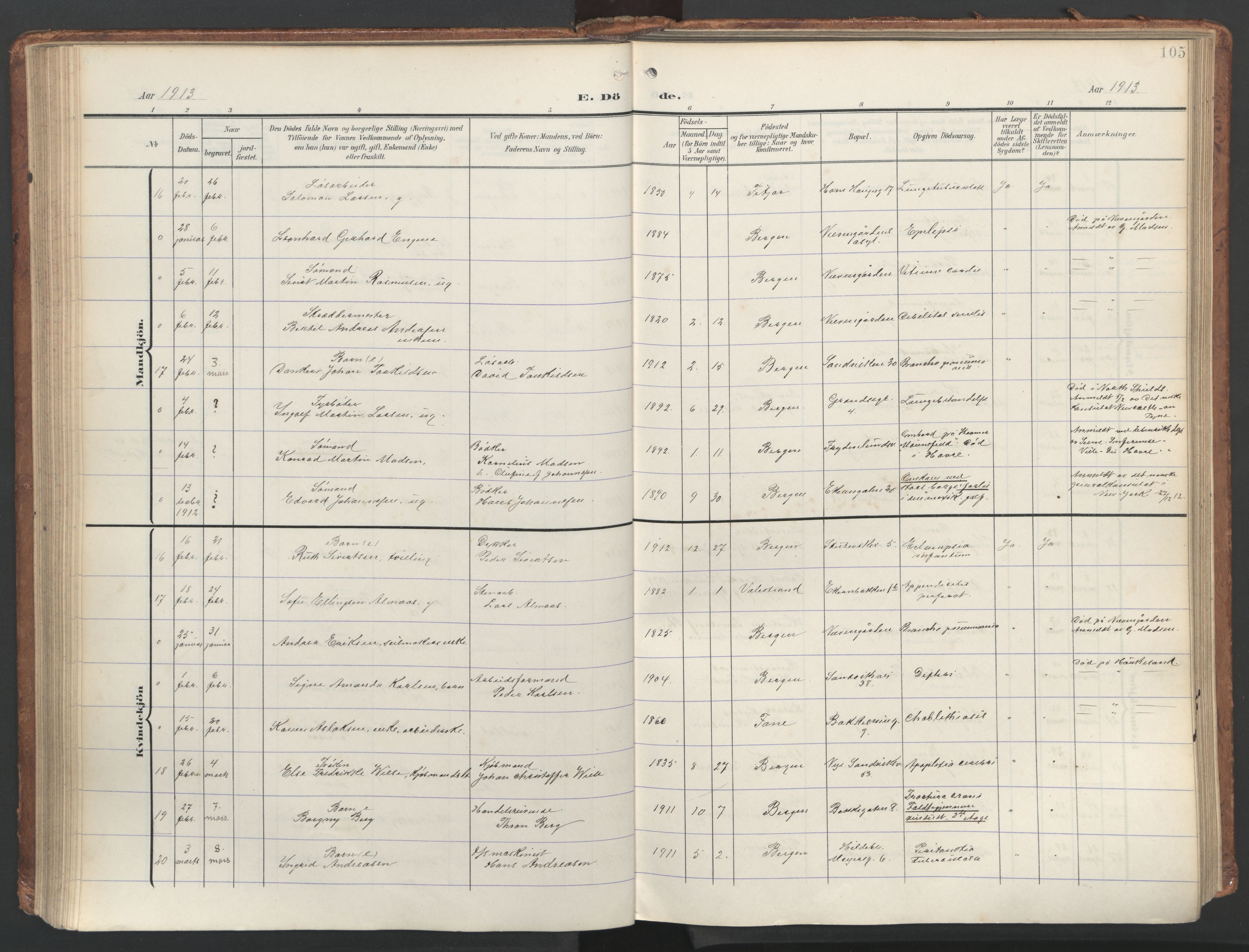 Sandviken Sokneprestembete, AV/SAB-A-77601/H/Ha/L0019: Parish register (official) no. E 2, 1905-1933, p. 105