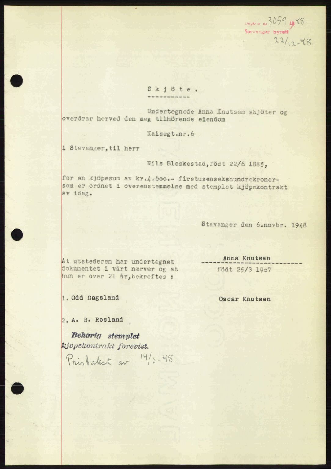 Stavanger byrett, SAST/A-100455/002/G/Gb/L0023: Mortgage book no. A12, 1948-1949, Diary no: : 3059/1948