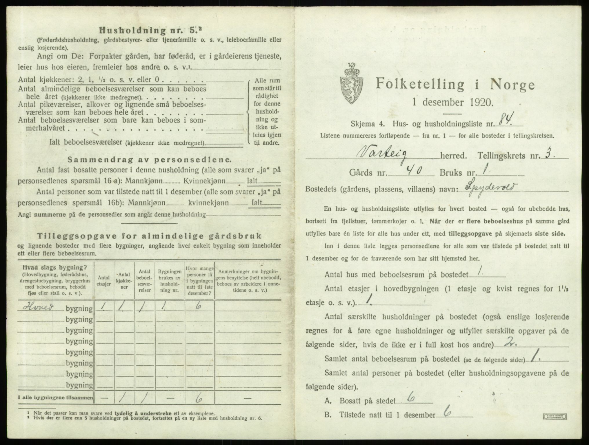 SAO, 1920 census for Varteig, 1920, p. 453