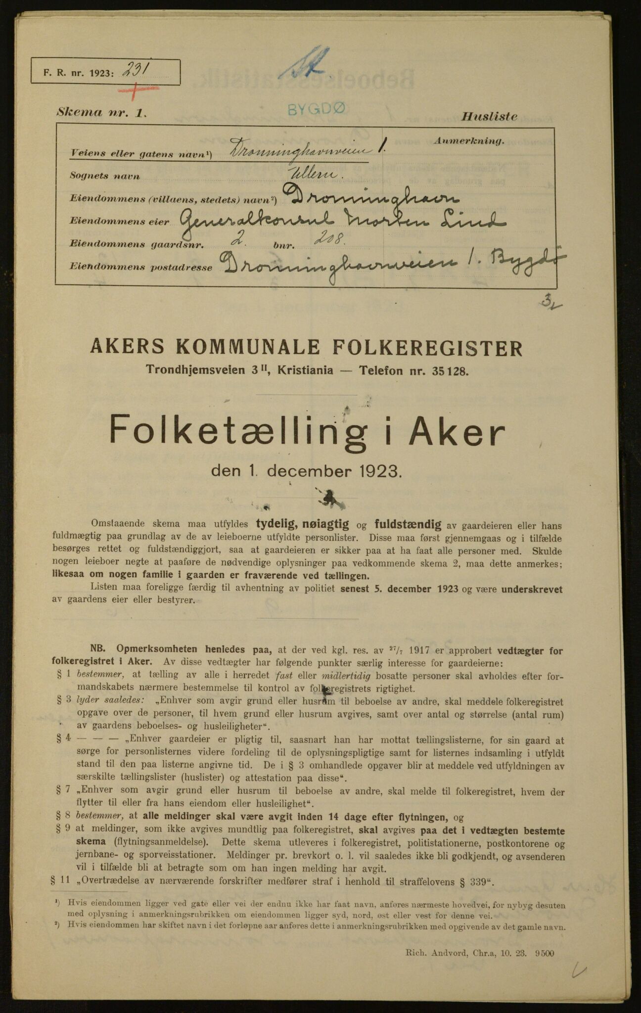 , Municipal Census 1923 for Aker, 1923, p. 1510