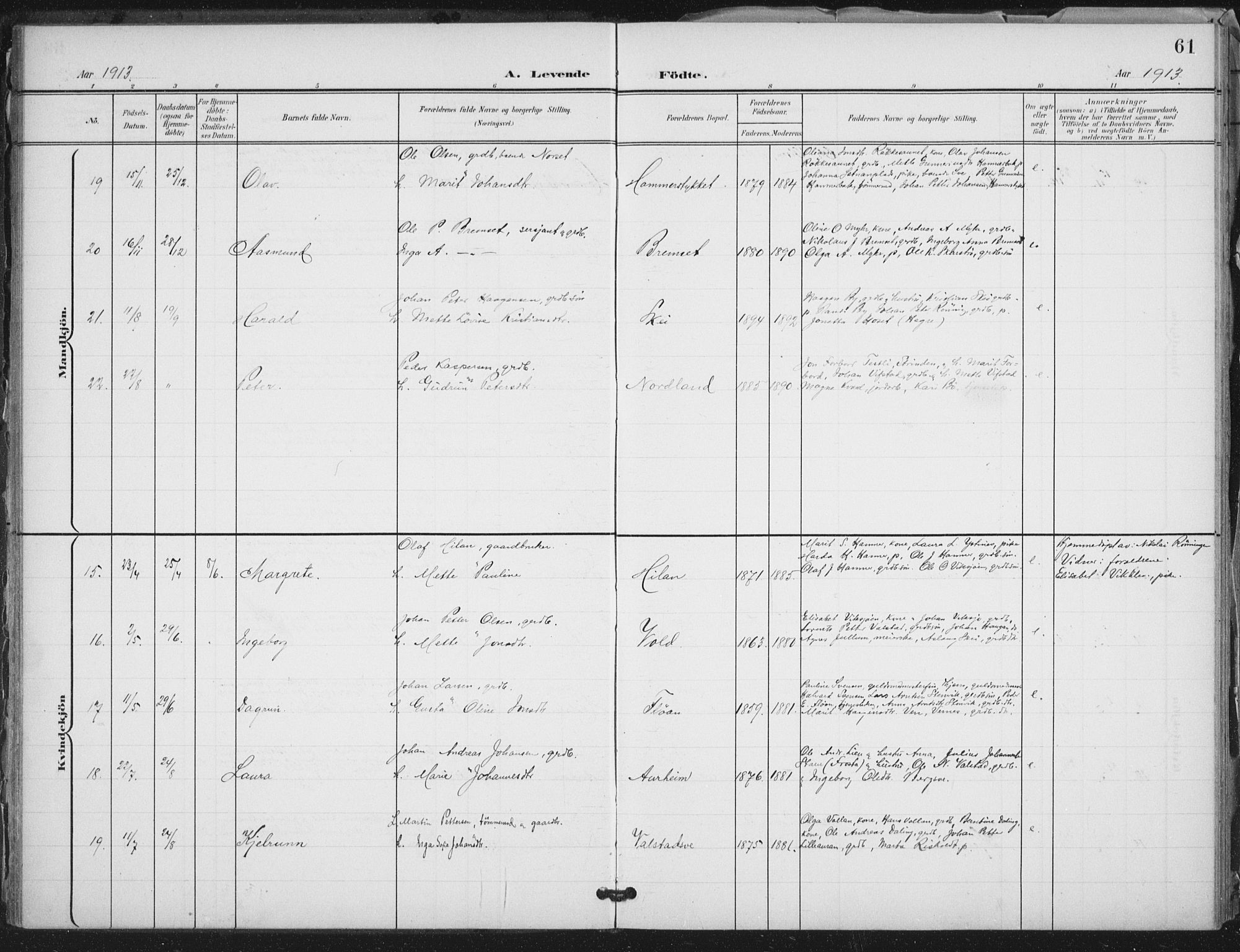 Ministerialprotokoller, klokkerbøker og fødselsregistre - Nord-Trøndelag, AV/SAT-A-1458/712/L0101: Parish register (official) no. 712A02, 1901-1916, p. 61