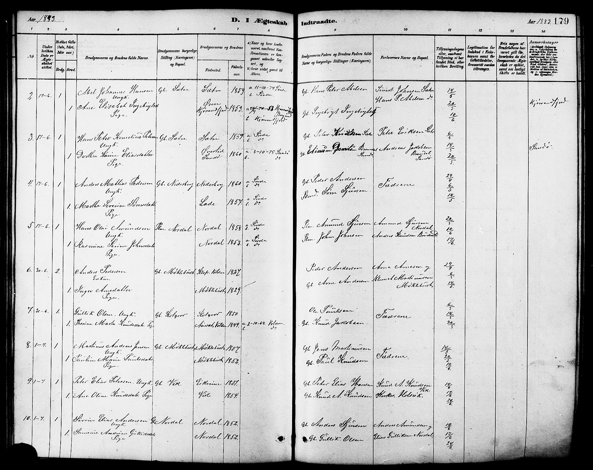 Ministerialprotokoller, klokkerbøker og fødselsregistre - Møre og Romsdal, AV/SAT-A-1454/502/L0027: Parish register (copy) no. 502C01, 1878-1908, p. 179