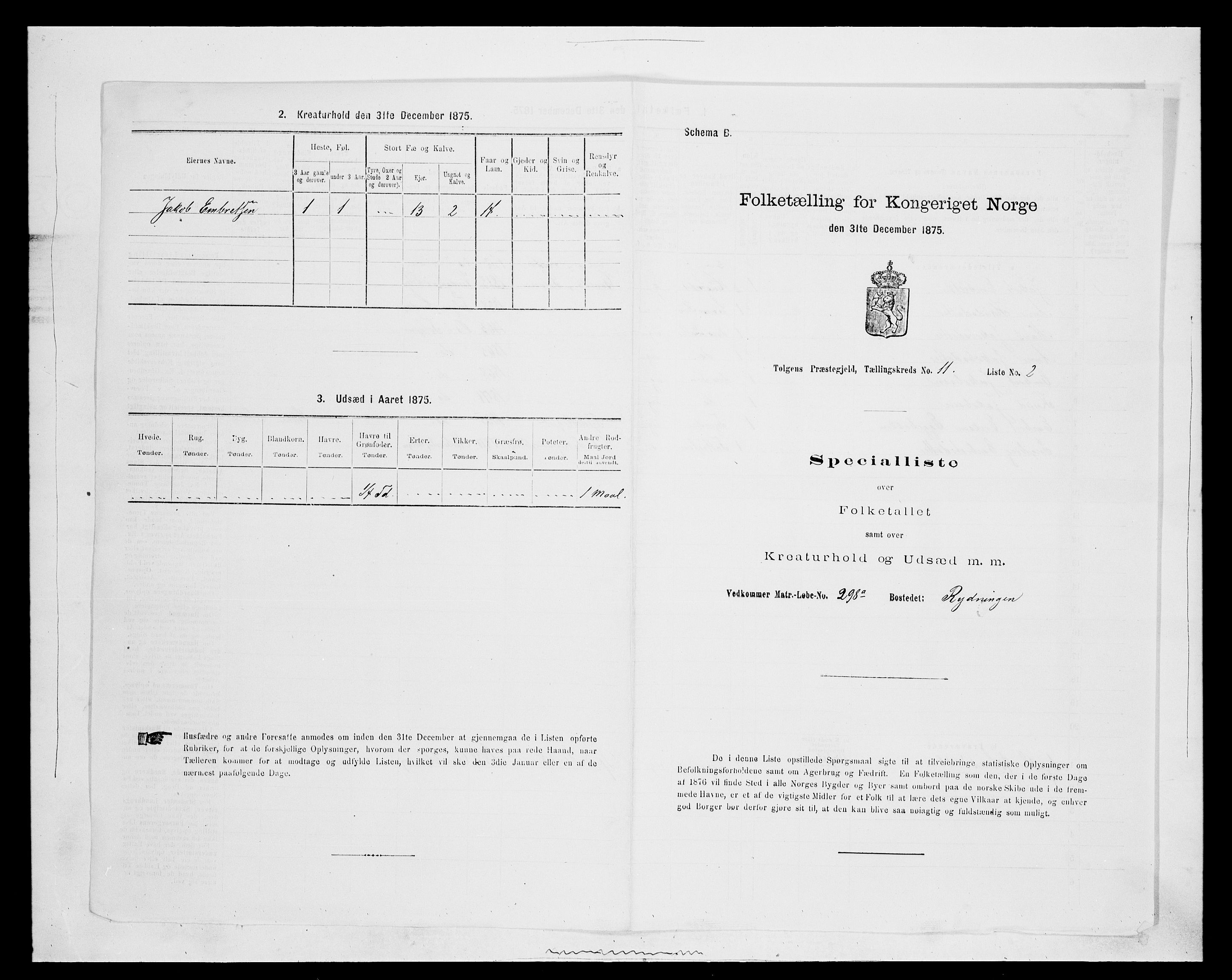 SAH, 1875 census for 0436P Tolga, 1875, p. 1087