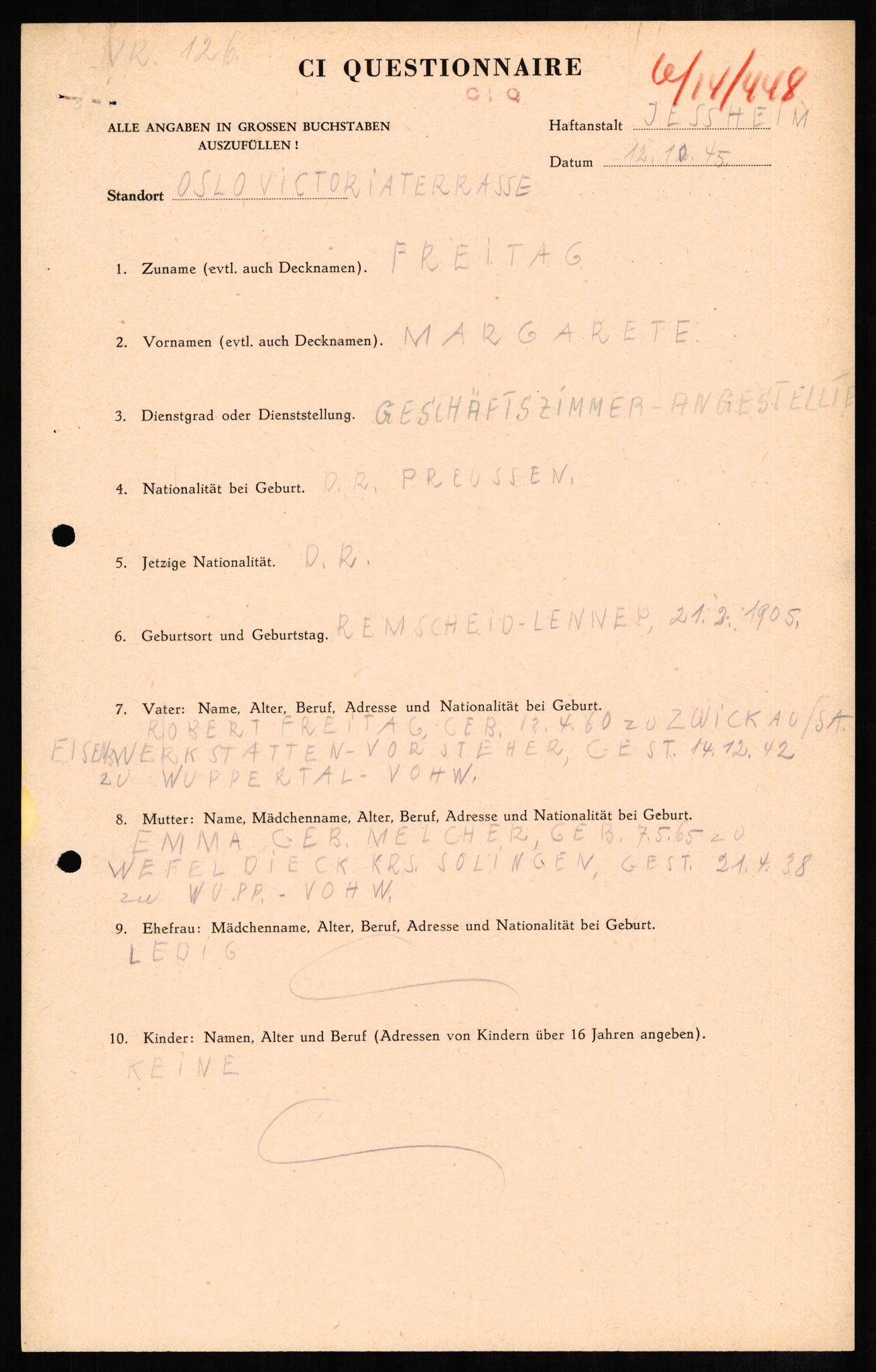 Forsvaret, Forsvarets overkommando II, AV/RA-RAFA-3915/D/Db/L0008: CI Questionaires. Tyske okkupasjonsstyrker i Norge. Tyskere., 1945-1946, p. 308