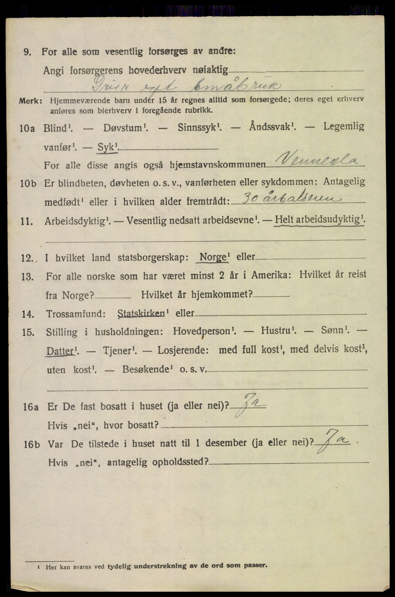 SAK, 1920 census for Vennesla, 1920, p. 953