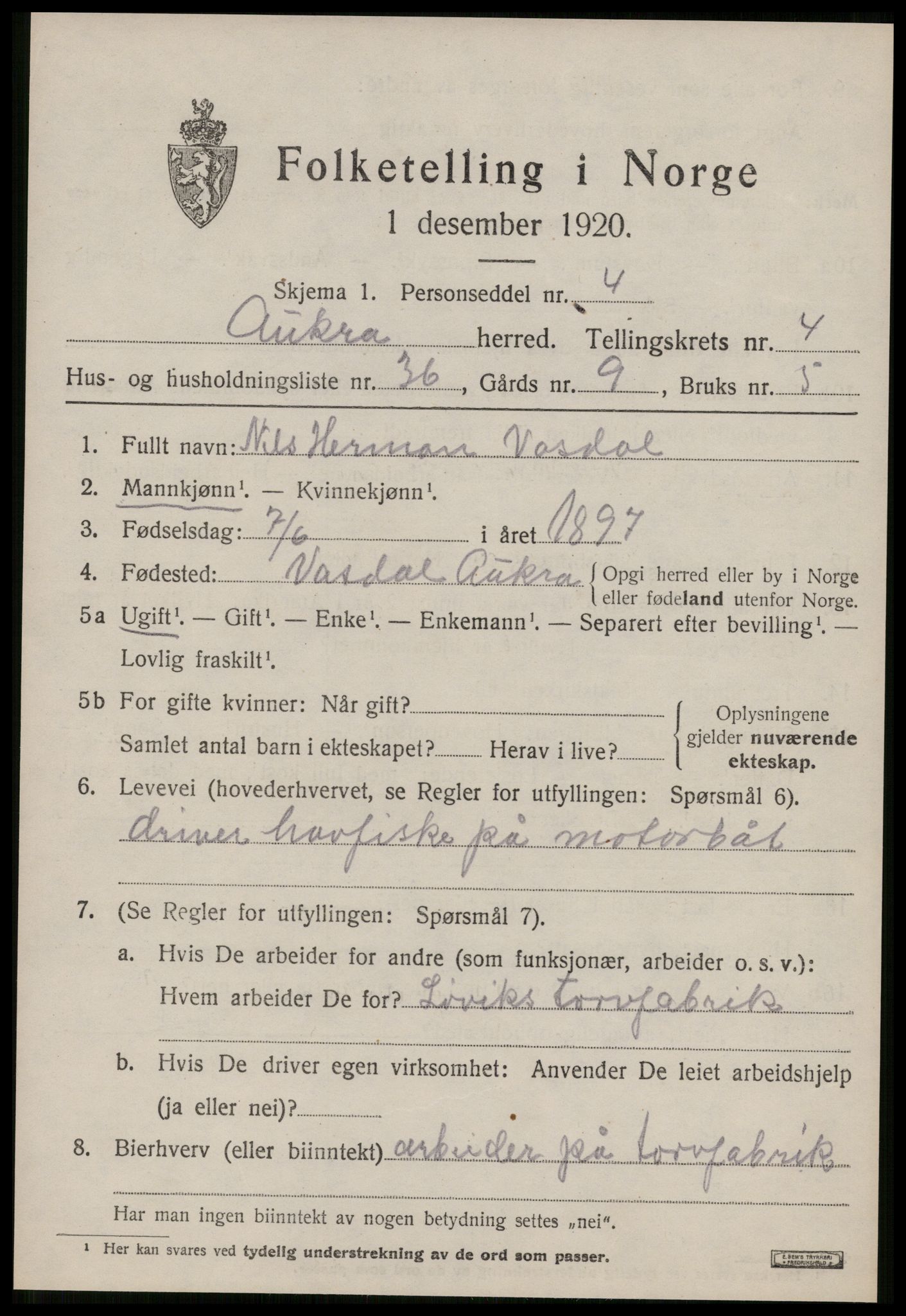 SAT, 1920 census for Aukra, 1920, p. 3205