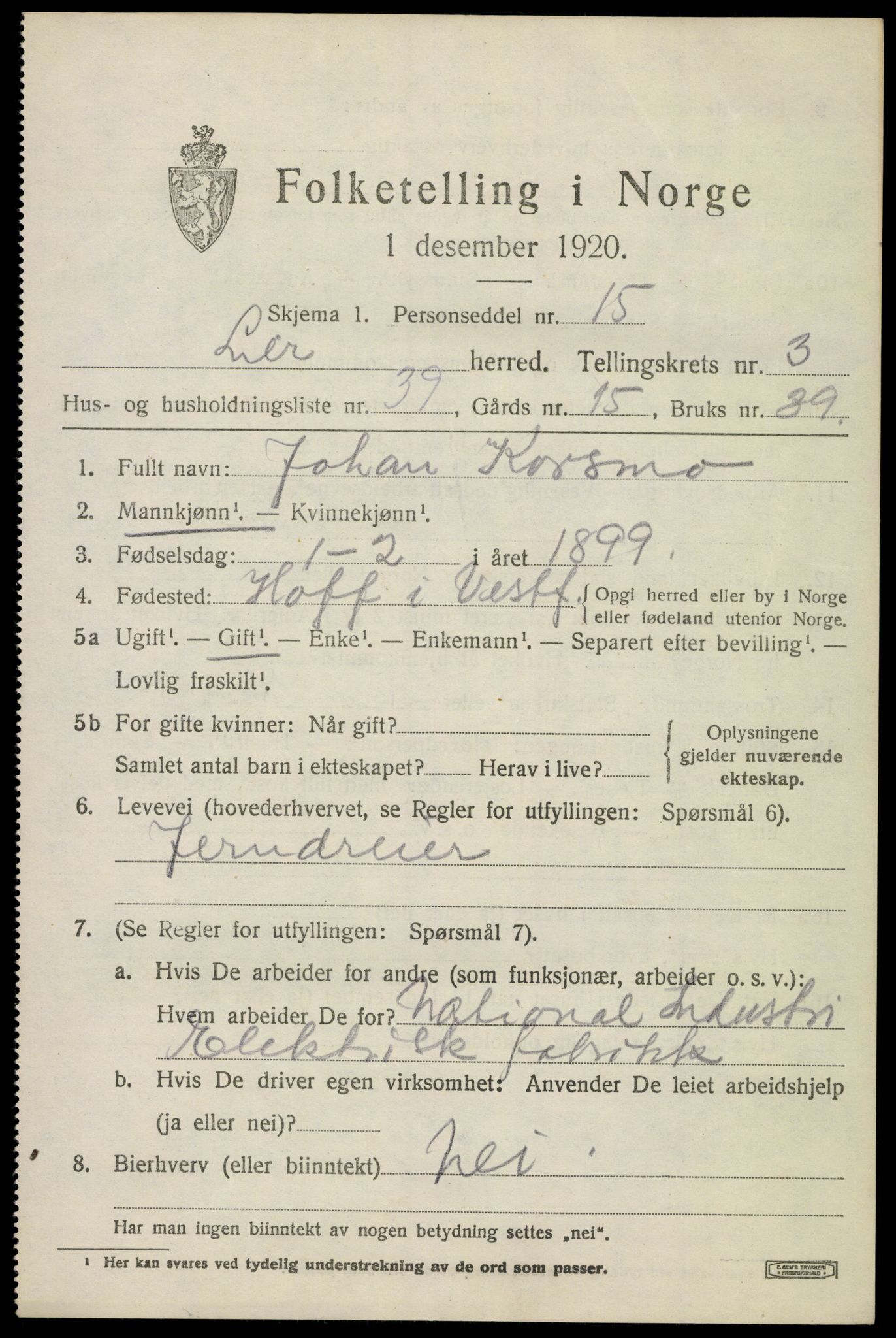 SAKO, 1920 census for Lier, 1920, p. 6690