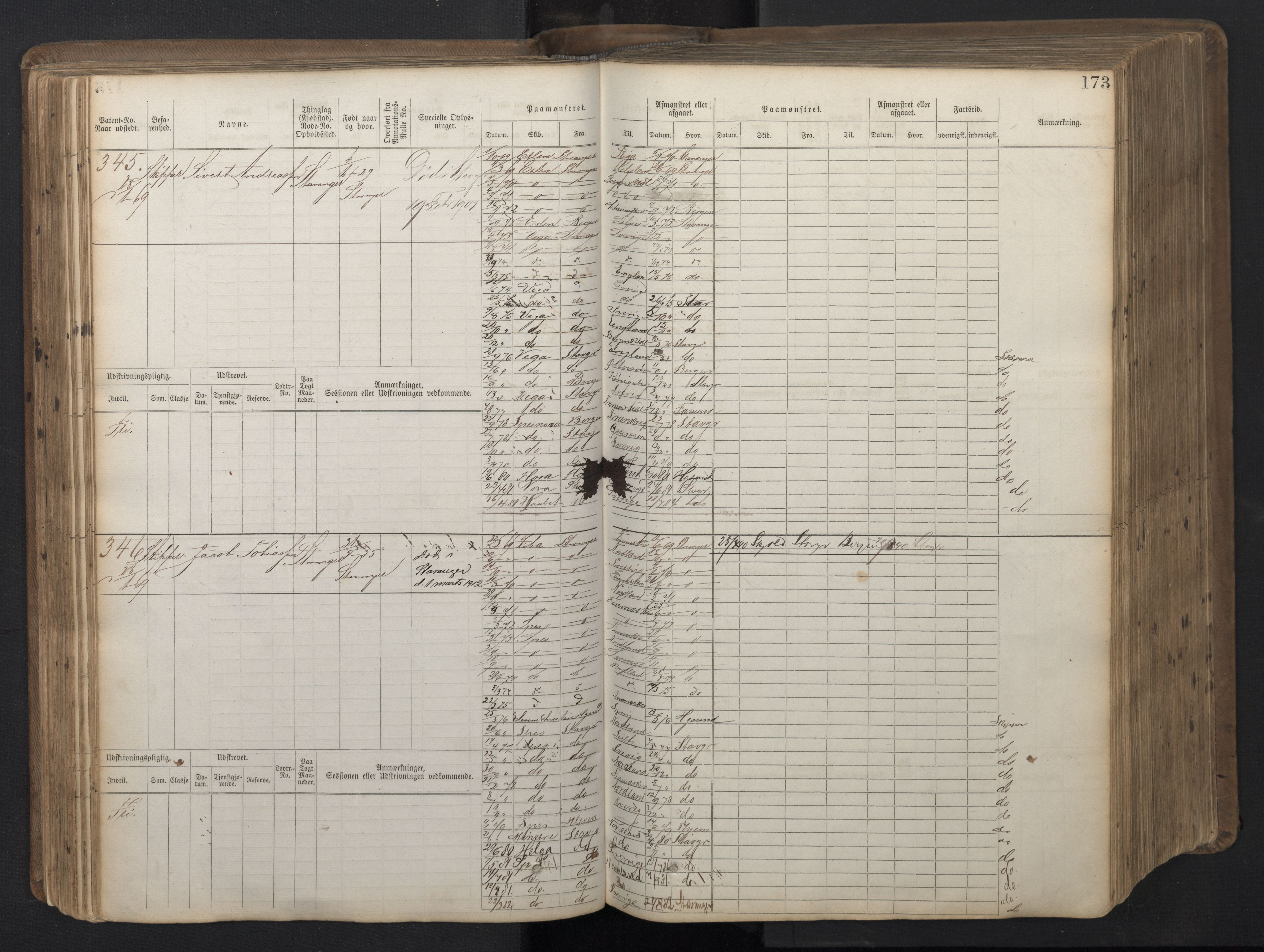 Stavanger sjømannskontor, AV/SAST-A-102006/F/Fb/Fbb/L0016: Sjøfartshovedrulle patnentnr. 1-1202 (dublett), 1869, p. 173