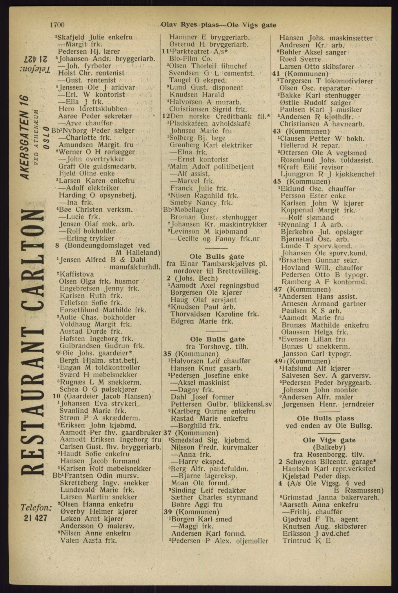 Kristiania/Oslo adressebok, PUBL/-, 1927, p. 1700