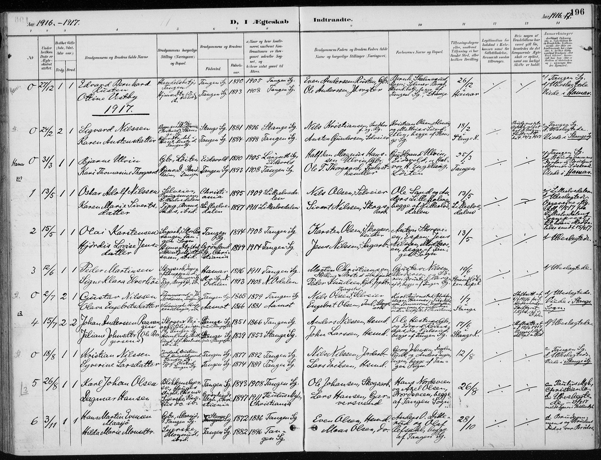 Stange prestekontor, SAH/PREST-002/K/L0023: Parish register (official) no. 23, 1897-1920, p. 196