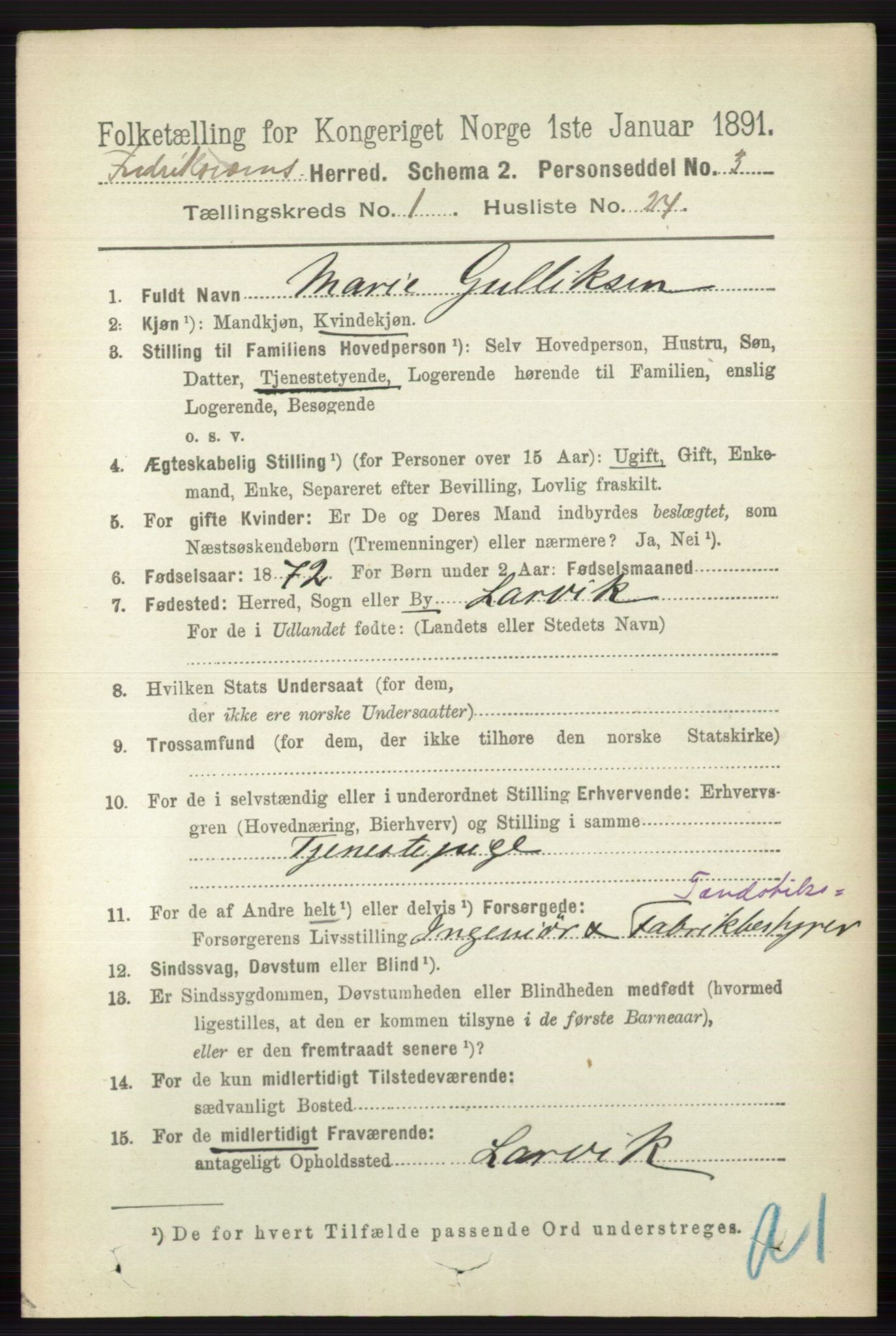 RA, 1891 census for 0798 Fredriksvern, 1891, p. 207