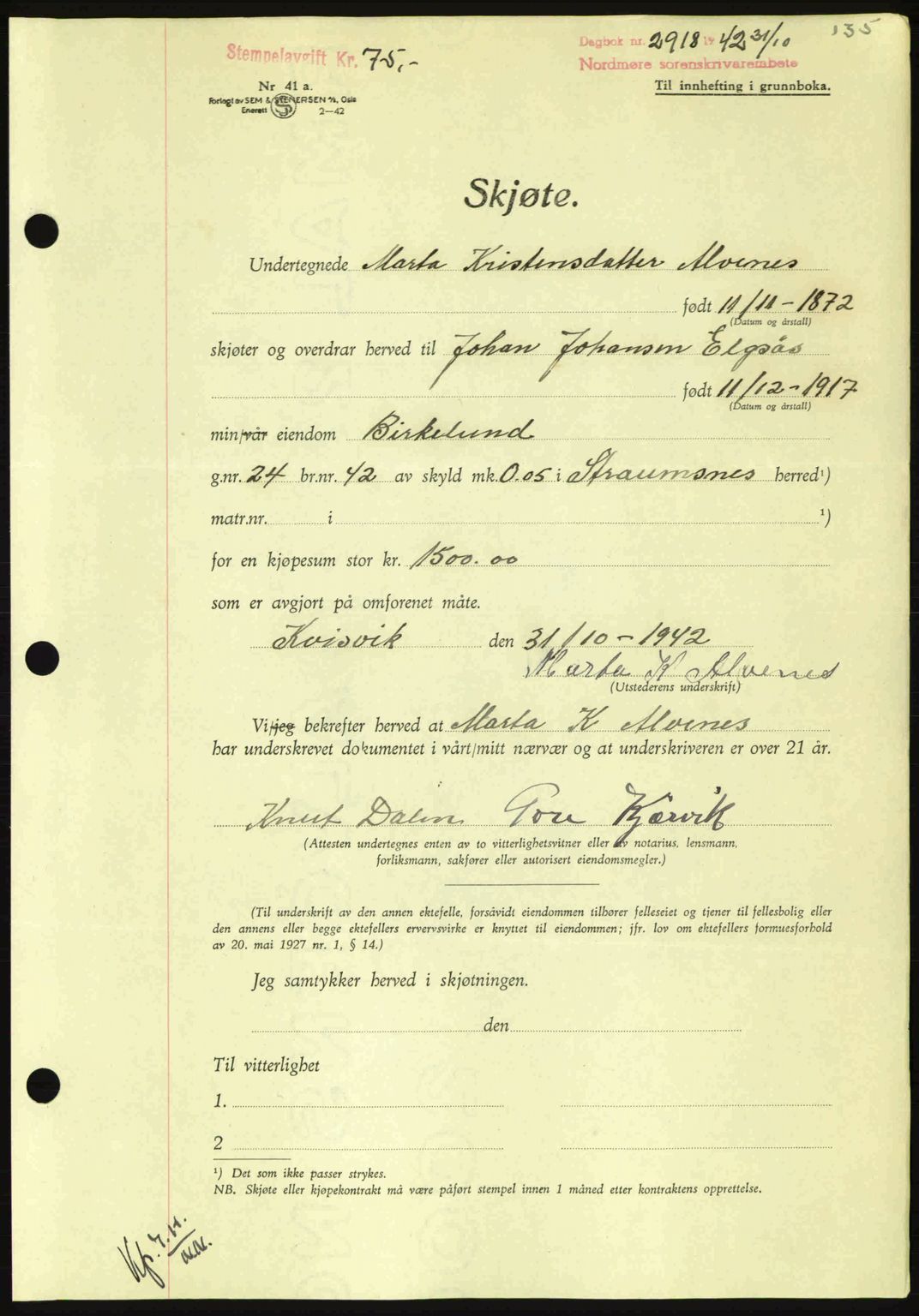 Nordmøre sorenskriveri, AV/SAT-A-4132/1/2/2Ca: Mortgage book no. A94, 1942-1943, Diary no: : 2918/1942