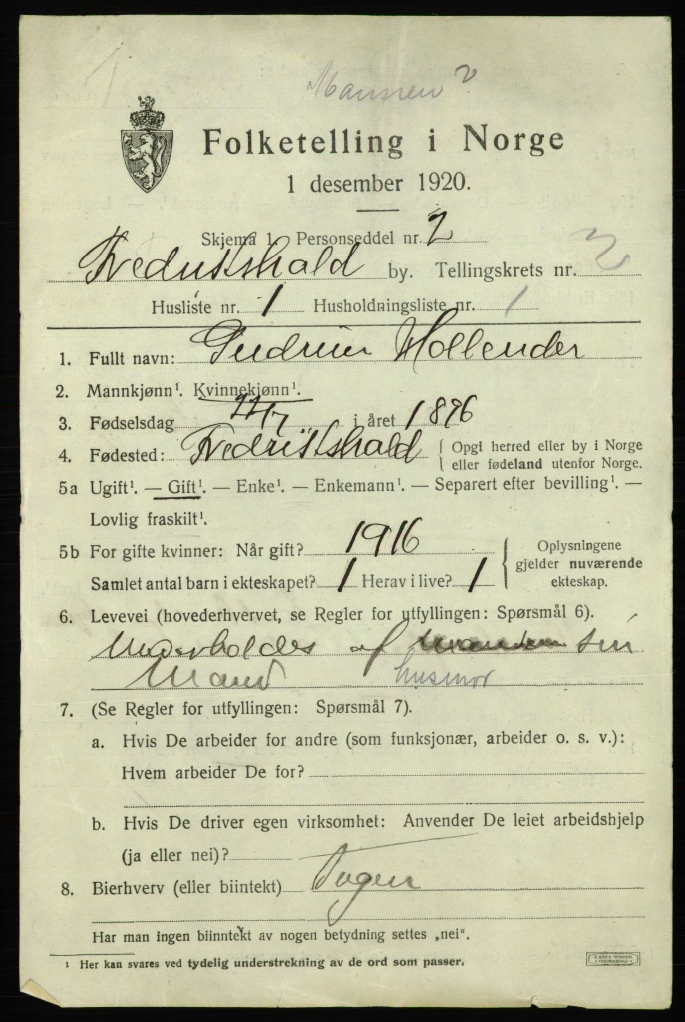 SAO, 1920 census for Fredrikshald, 1920, p. 9252