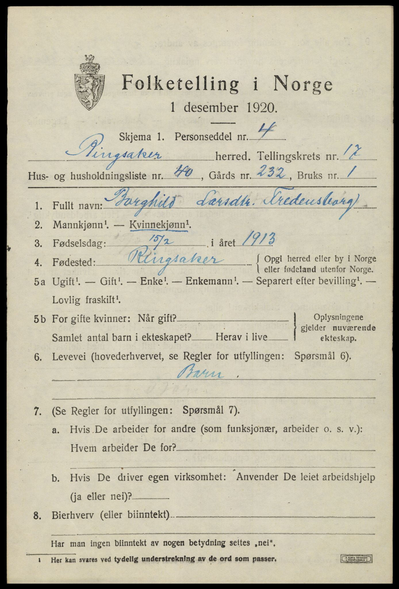 SAH, 1920 census for Ringsaker, 1920, p. 24130