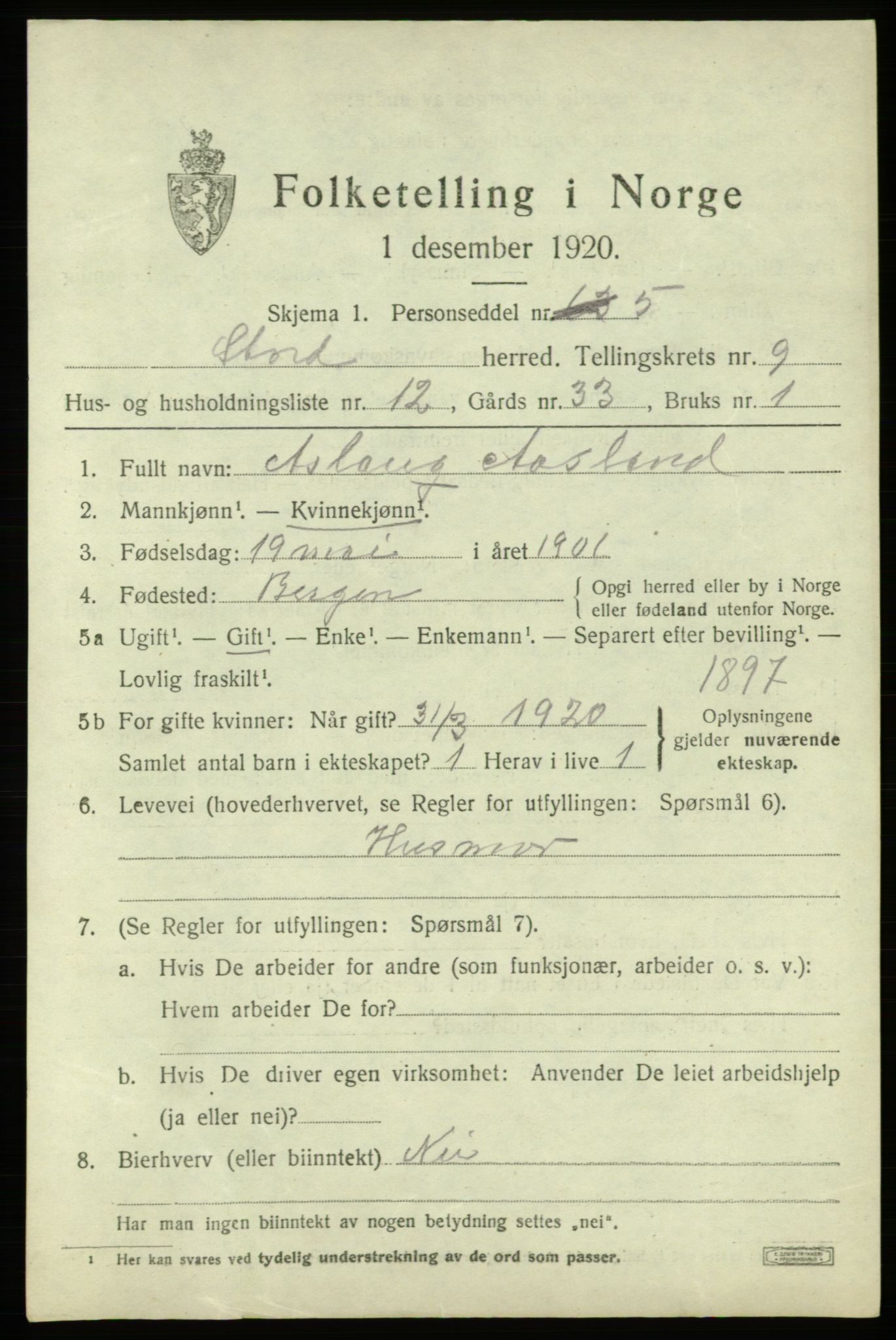 SAB, 1920 census for Stord, 1920, p. 4835