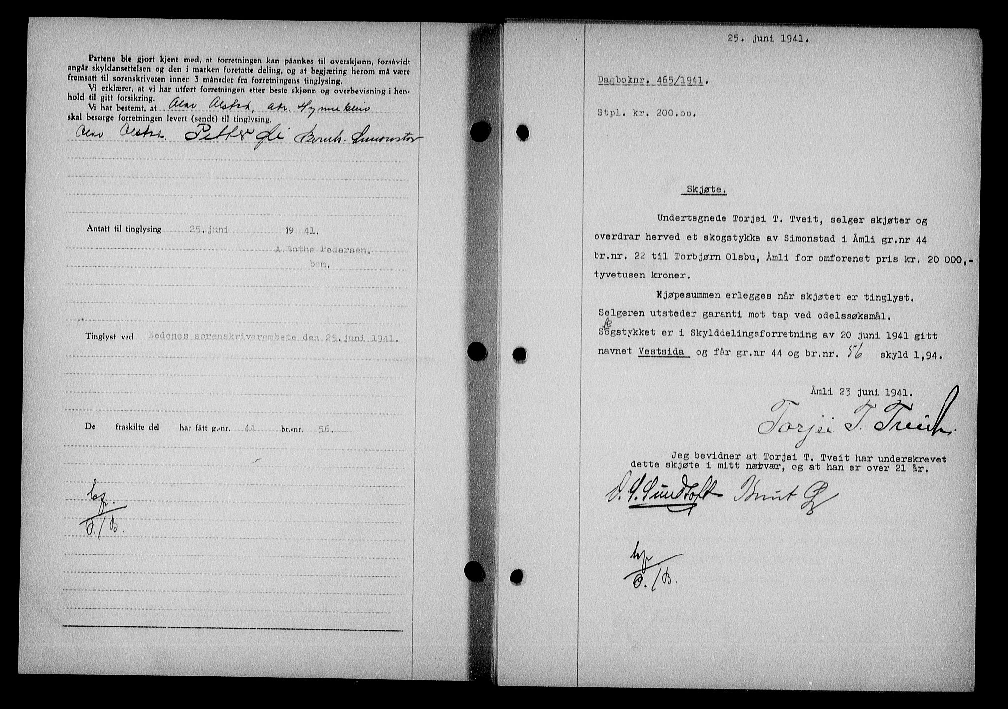 Nedenes sorenskriveri, SAK/1221-0006/G/Gb/Gba/L0048: Mortgage book no. A-II, 1940-1941, Diary no: : 465/1941