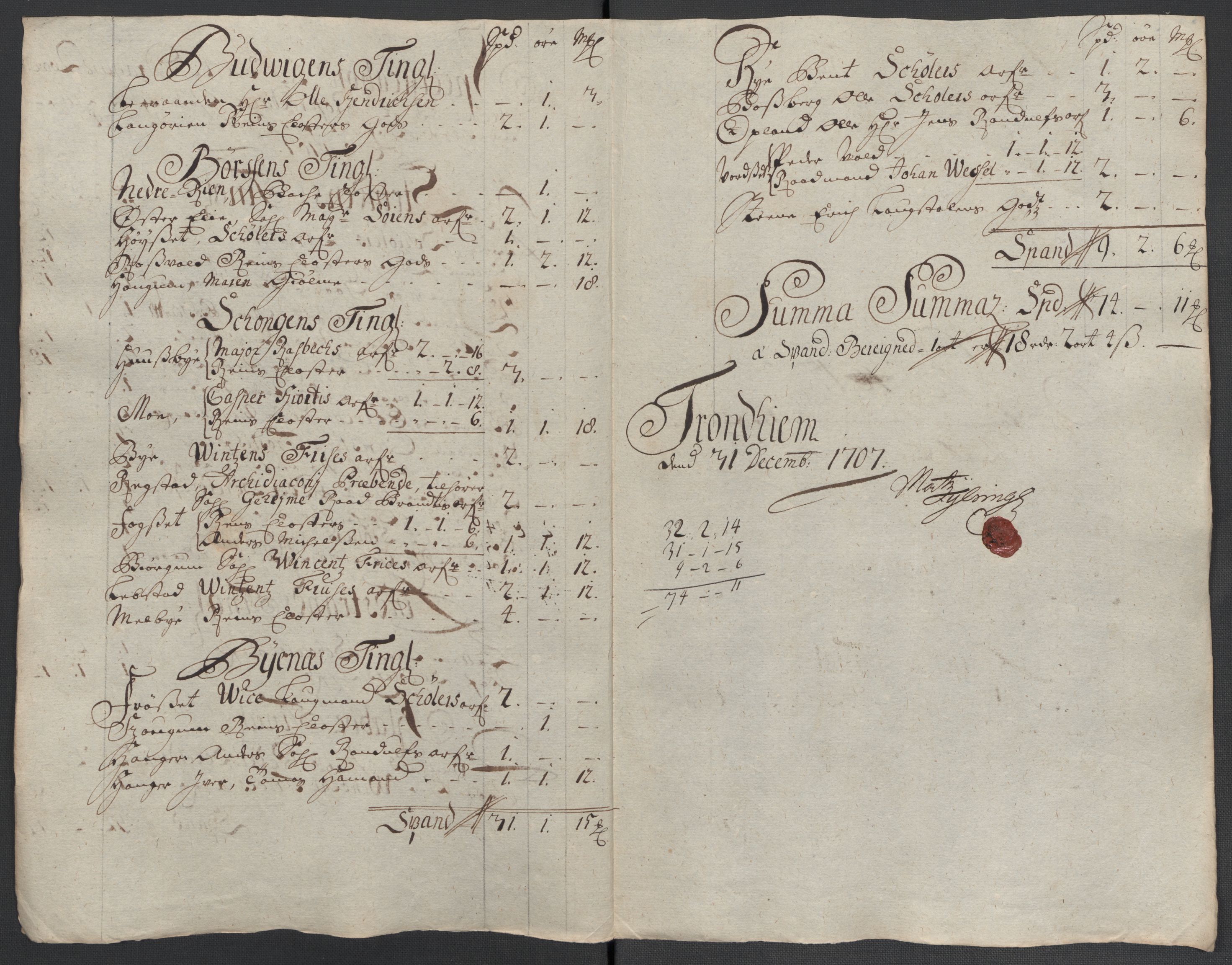 Rentekammeret inntil 1814, Reviderte regnskaper, Fogderegnskap, AV/RA-EA-4092/R61/L4110: Fogderegnskap Strinda og Selbu, 1707-1708, p. 184