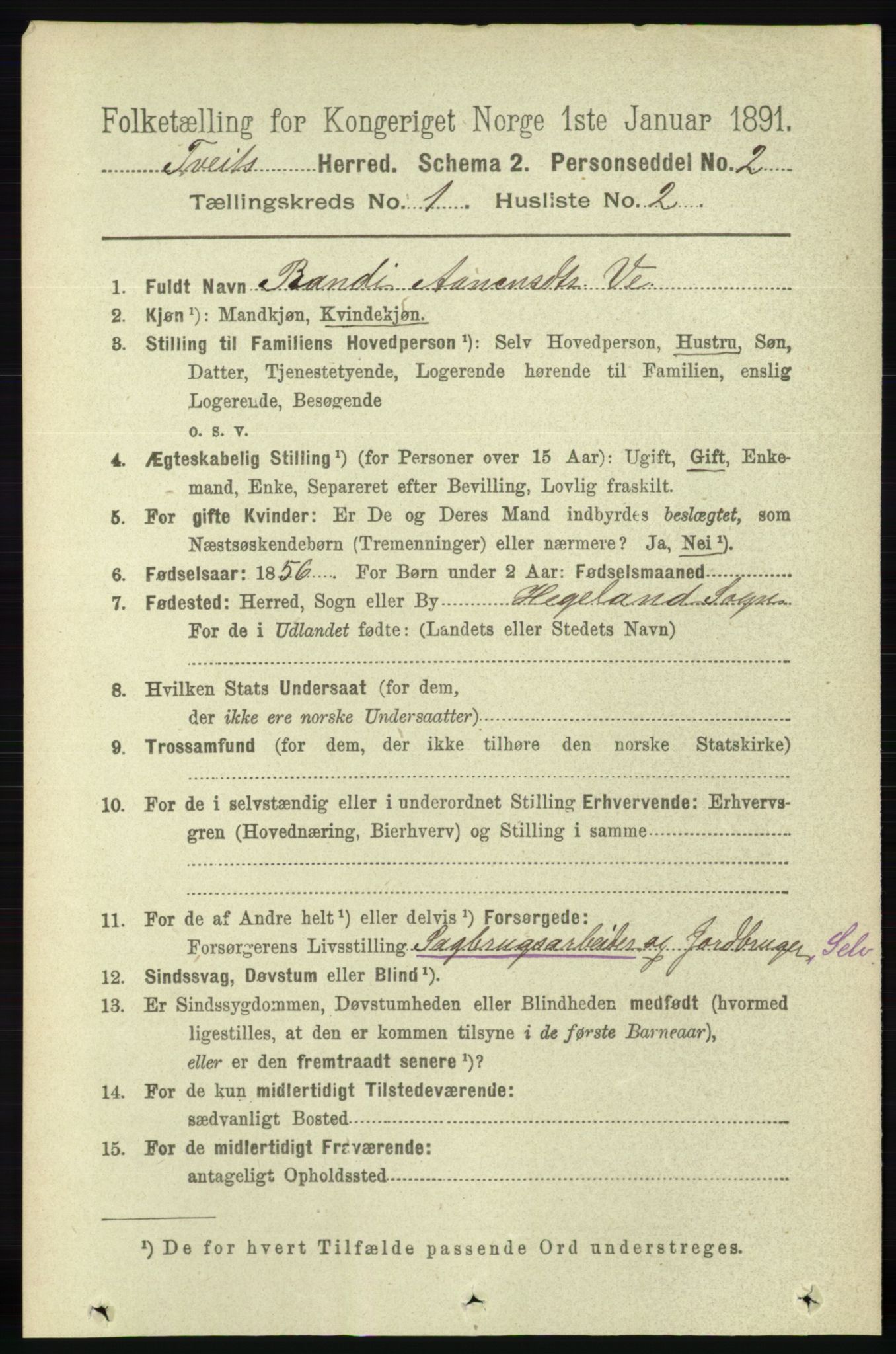 RA, 1891 census for 1013 Tveit, 1891, p. 92