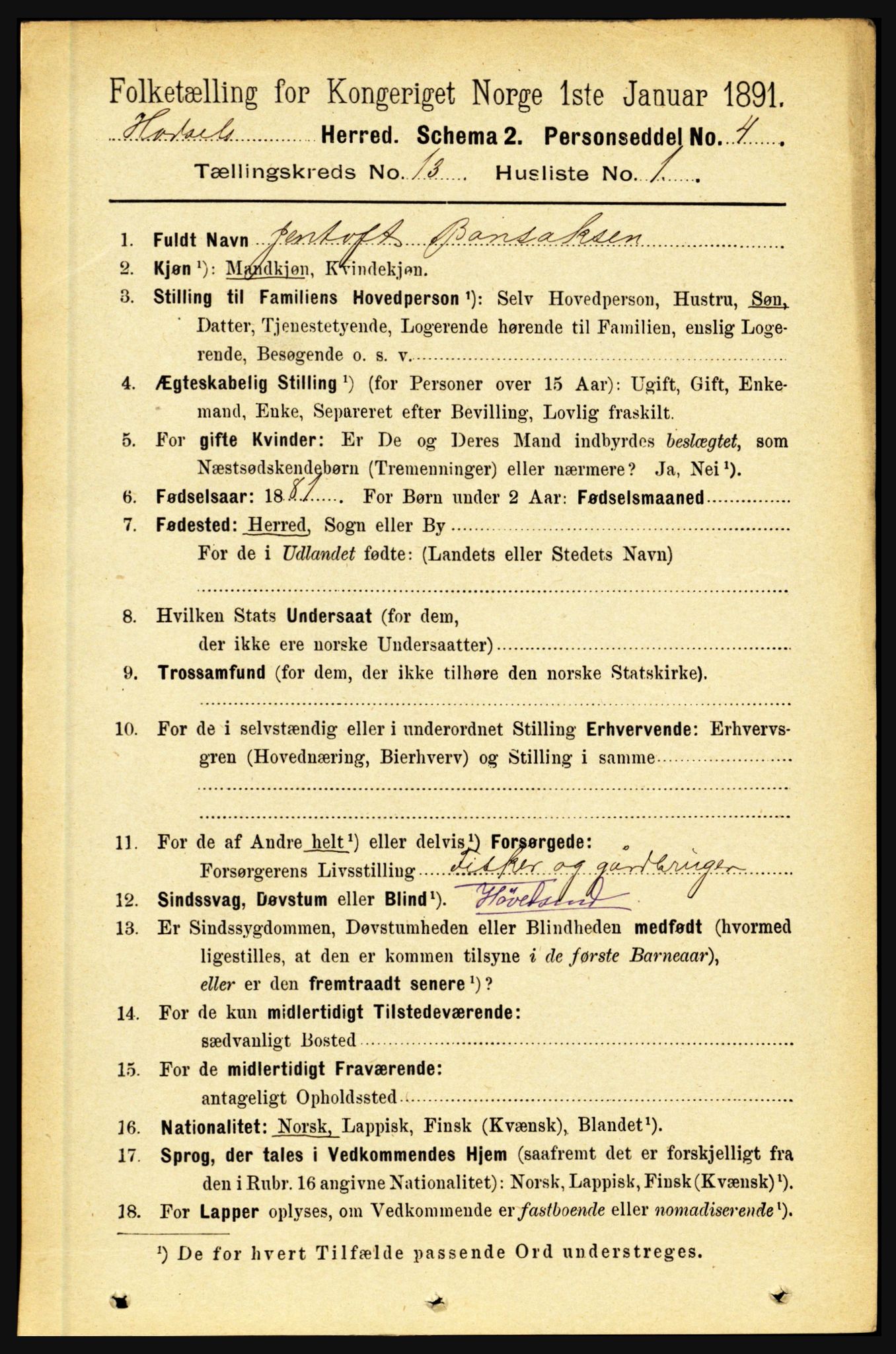 RA, 1891 census for 1866 Hadsel, 1891, p. 5826