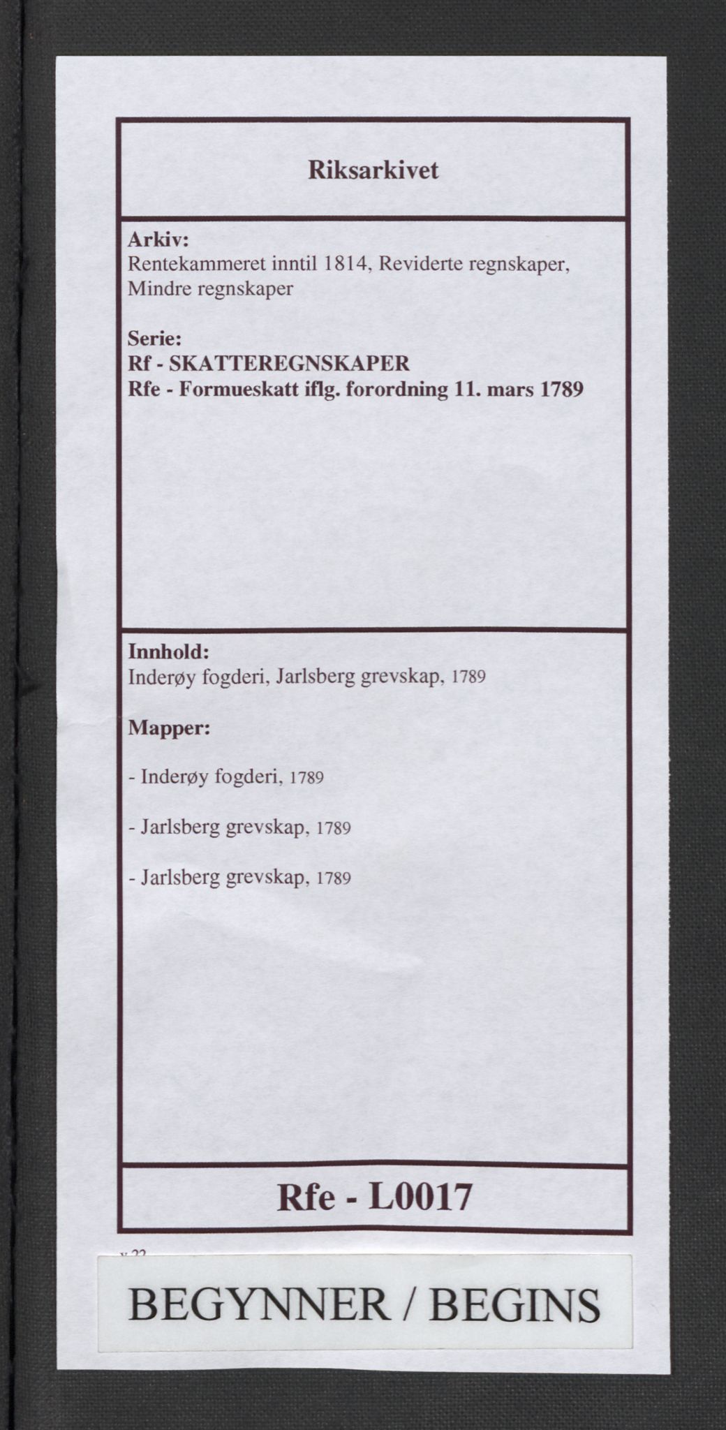 Rentekammeret inntil 1814, Reviderte regnskaper, Mindre regnskaper, AV/RA-EA-4068/Rf/Rfe/L0017: Inderøy fogderi, Jarlsberg grevskap, 1789, p. 1