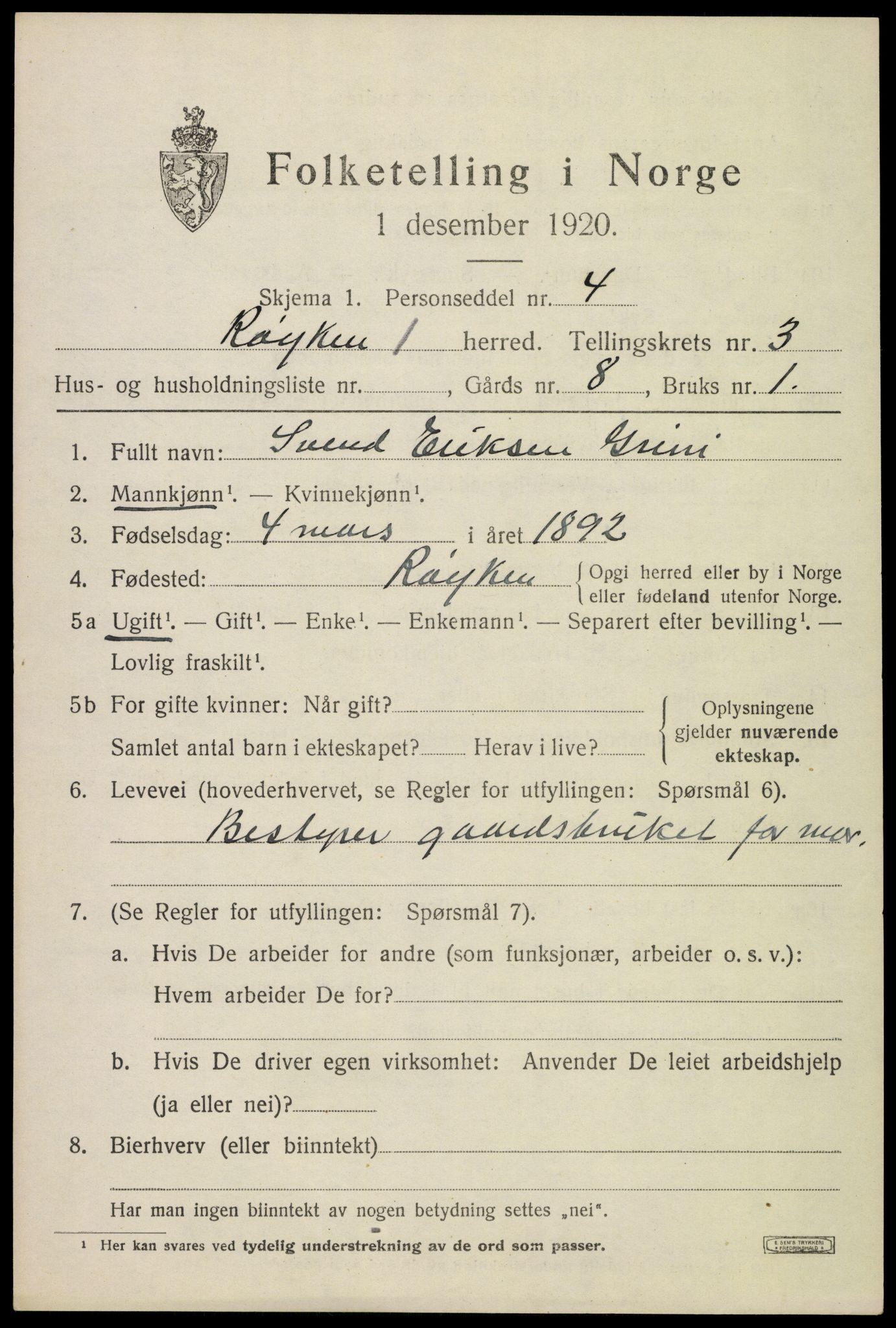 SAKO, 1920 census for Røyken, 1920, p. 4084