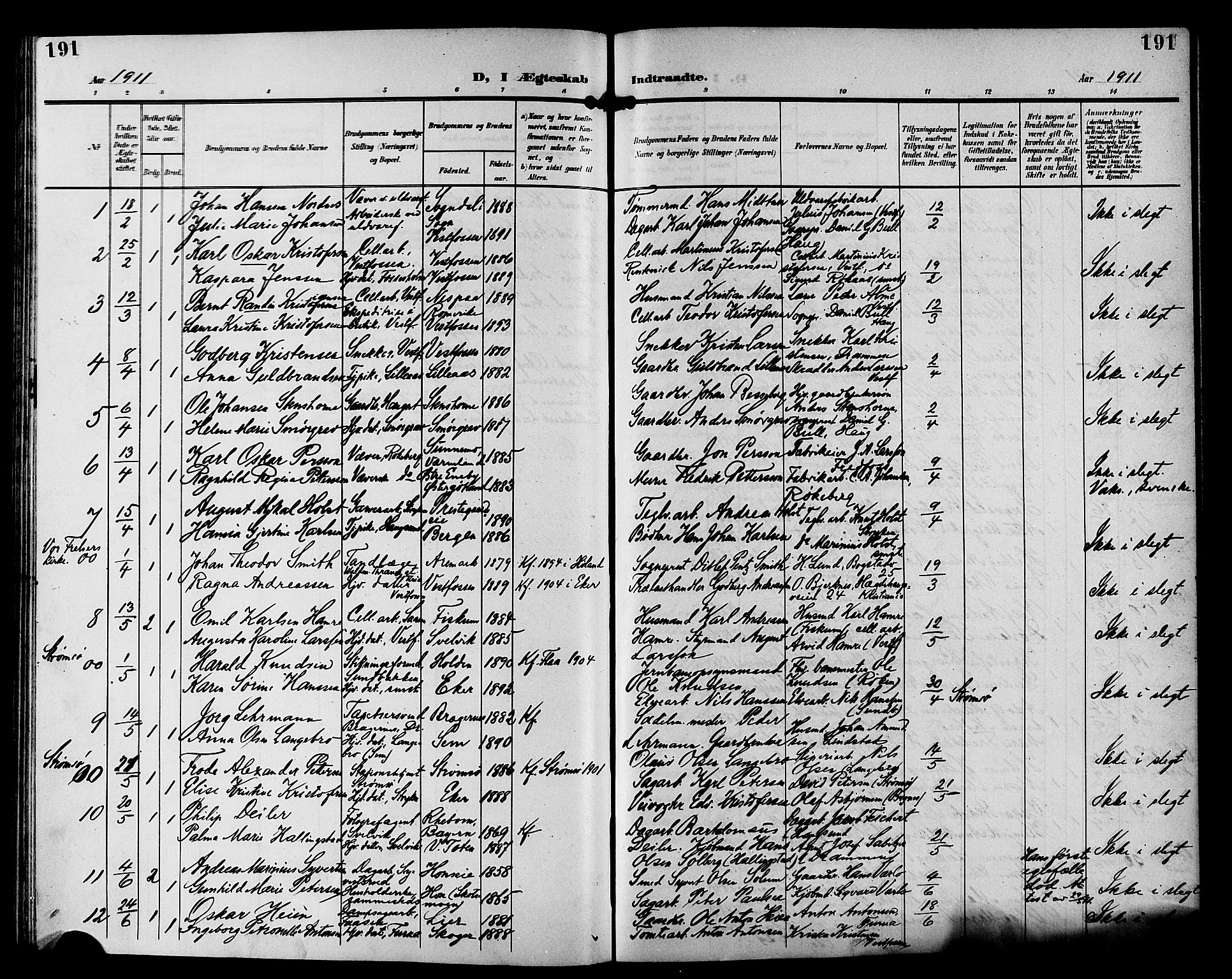 Eiker kirkebøker, AV/SAKO-A-4/G/Ga/L0008: Parish register (copy) no. I 8, 1903-1914, p. 191