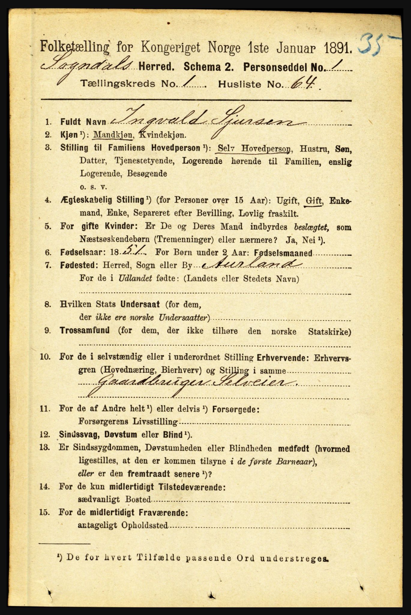 RA, 1891 census for 1420 Sogndal, 1891, p. 427